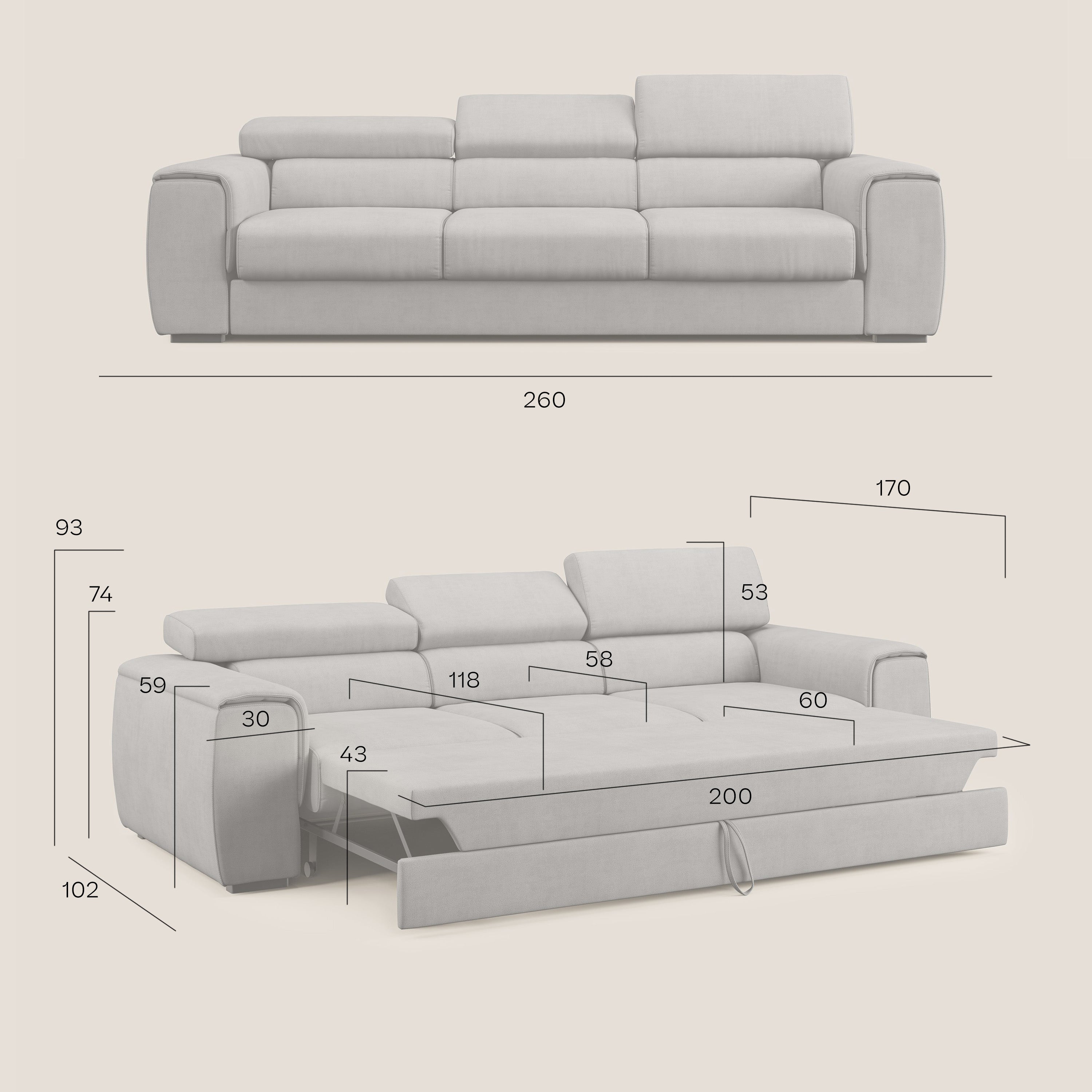 Zeno Divano con pouf estraibile poggiapiedi a 3 sedute in tessuto morbido impermeabile T02 petrolio - divani.store