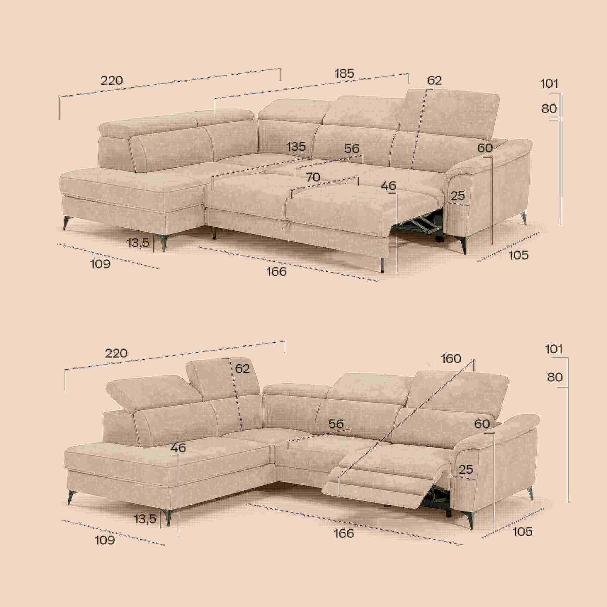 Arcos Canapé d'angle - pieds hauts et têtières inclinables en microfibre imperméable T11 gris clair