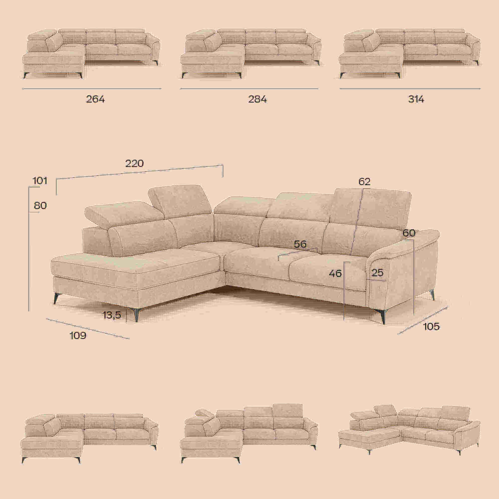 Arcos Canapé d'angle - pieds hauts et têtières inclinables en microfibre imperméable T11 gris clair