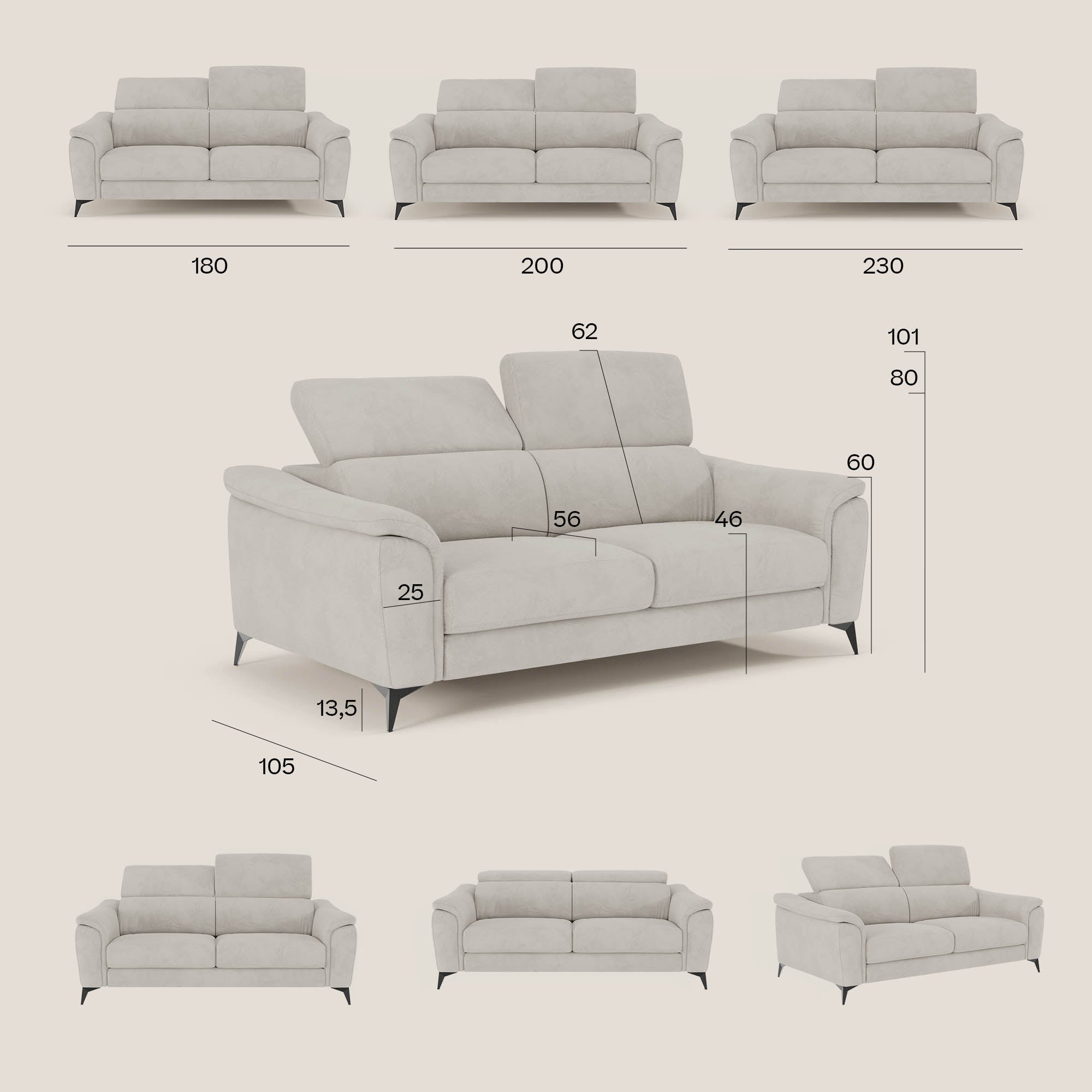 Arcos Canapé 3 places - pieds hauts et têtières inclinables en microfibre imperméable T11 gris