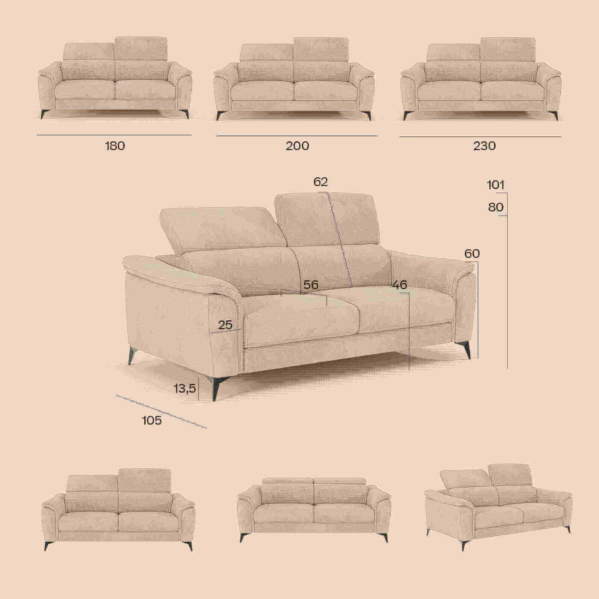 Arcos Divano 3 posti - piedini alti e poggiatesta reclinabili in microfibra impermeabile T11 blu