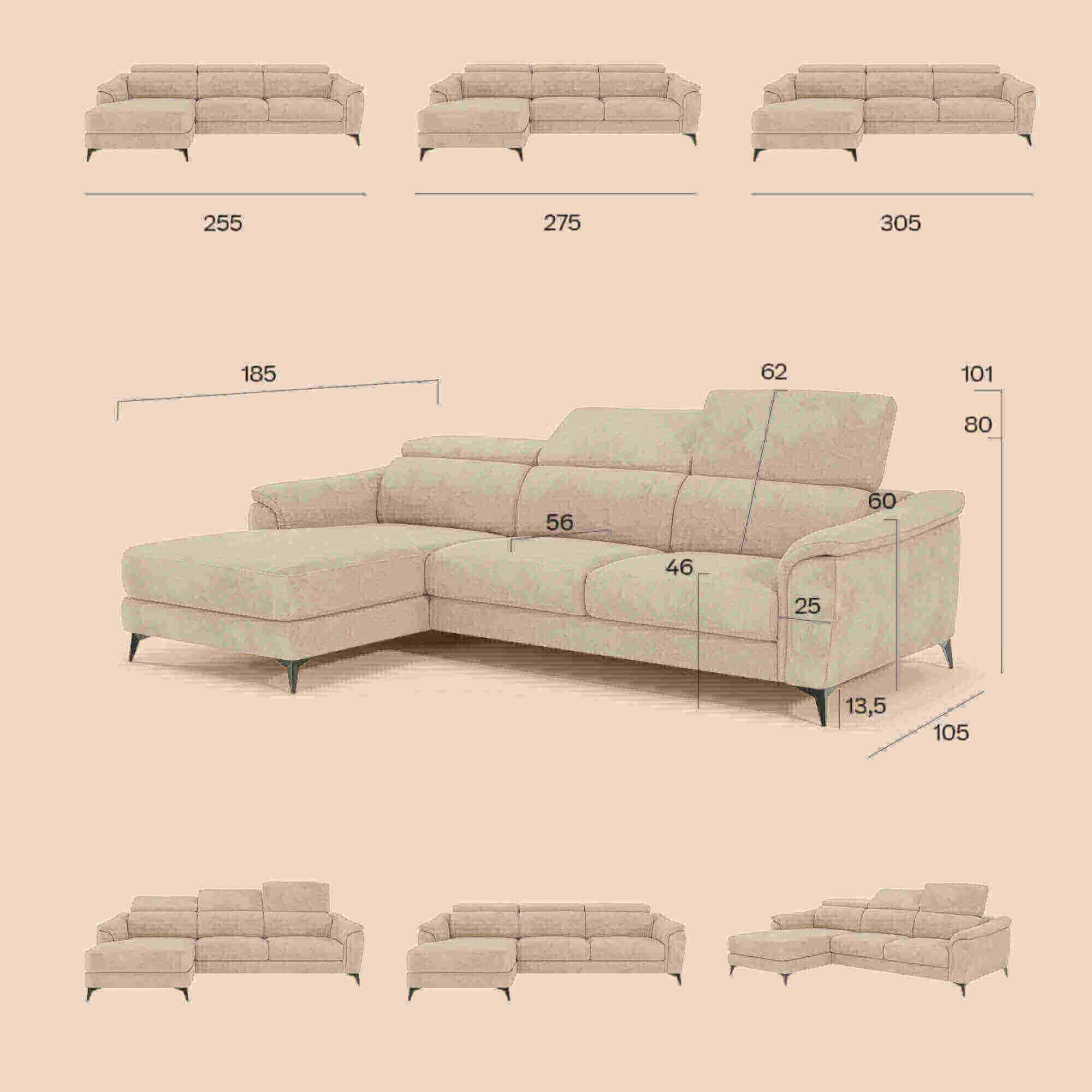 Arcos Canapé avec méridienne - pieds hauts et têtières inclinables en microfibre imperméable T11 beige