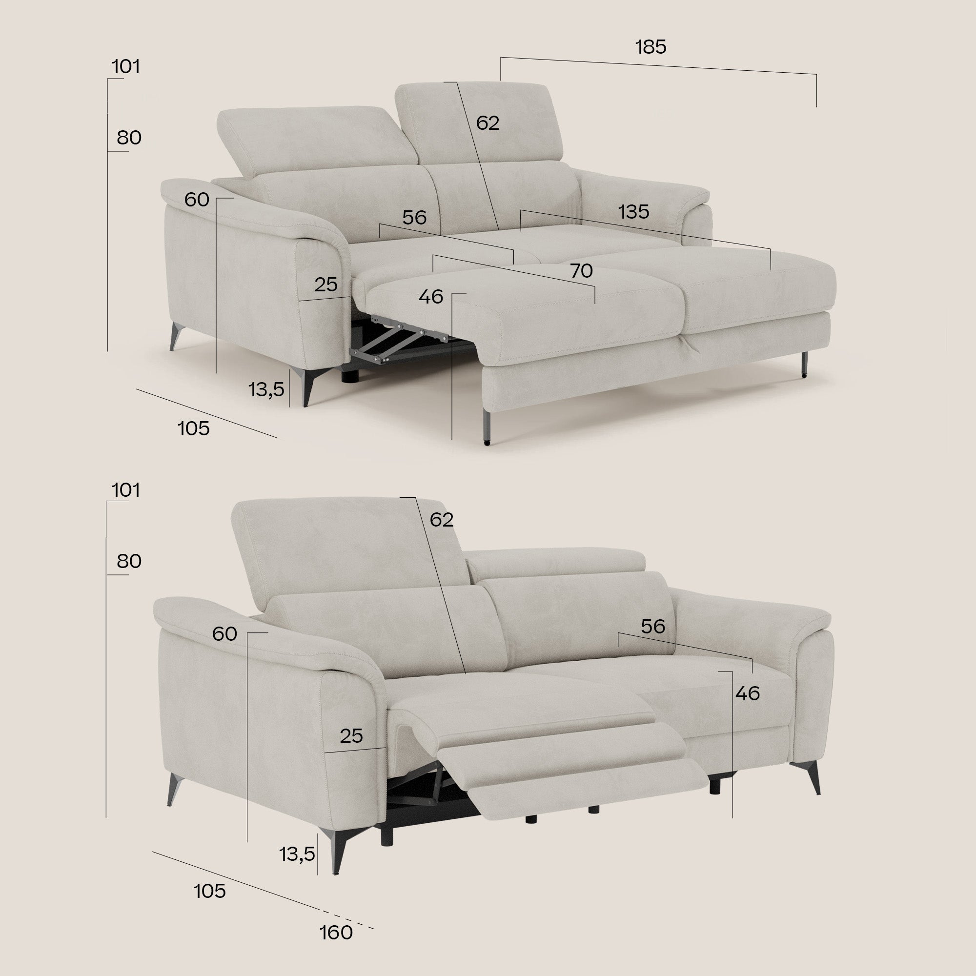 Arcos Canapé 3 places - pieds hauts et têtières inclinables en microfibre imperméable T11 gris