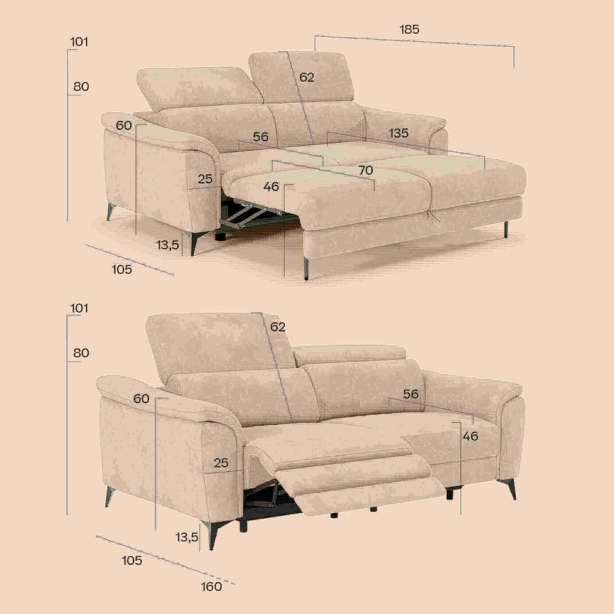 Arcos Divano 3 posti - piedini alti e poggiatesta reclinabili in microfibra impermeabile T11 blu