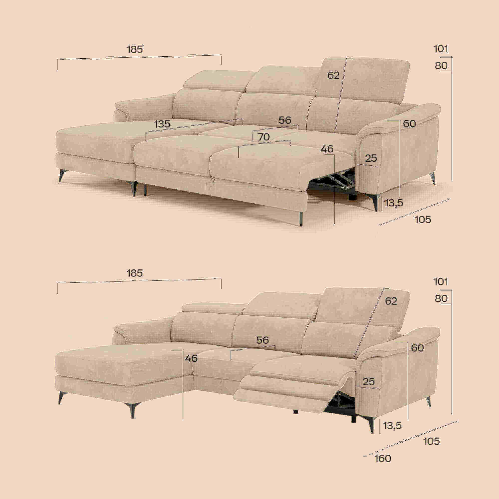 Arcos Canapé avec méridienne - pieds hauts et têtières inclinables en microfibre imperméable T11 beige