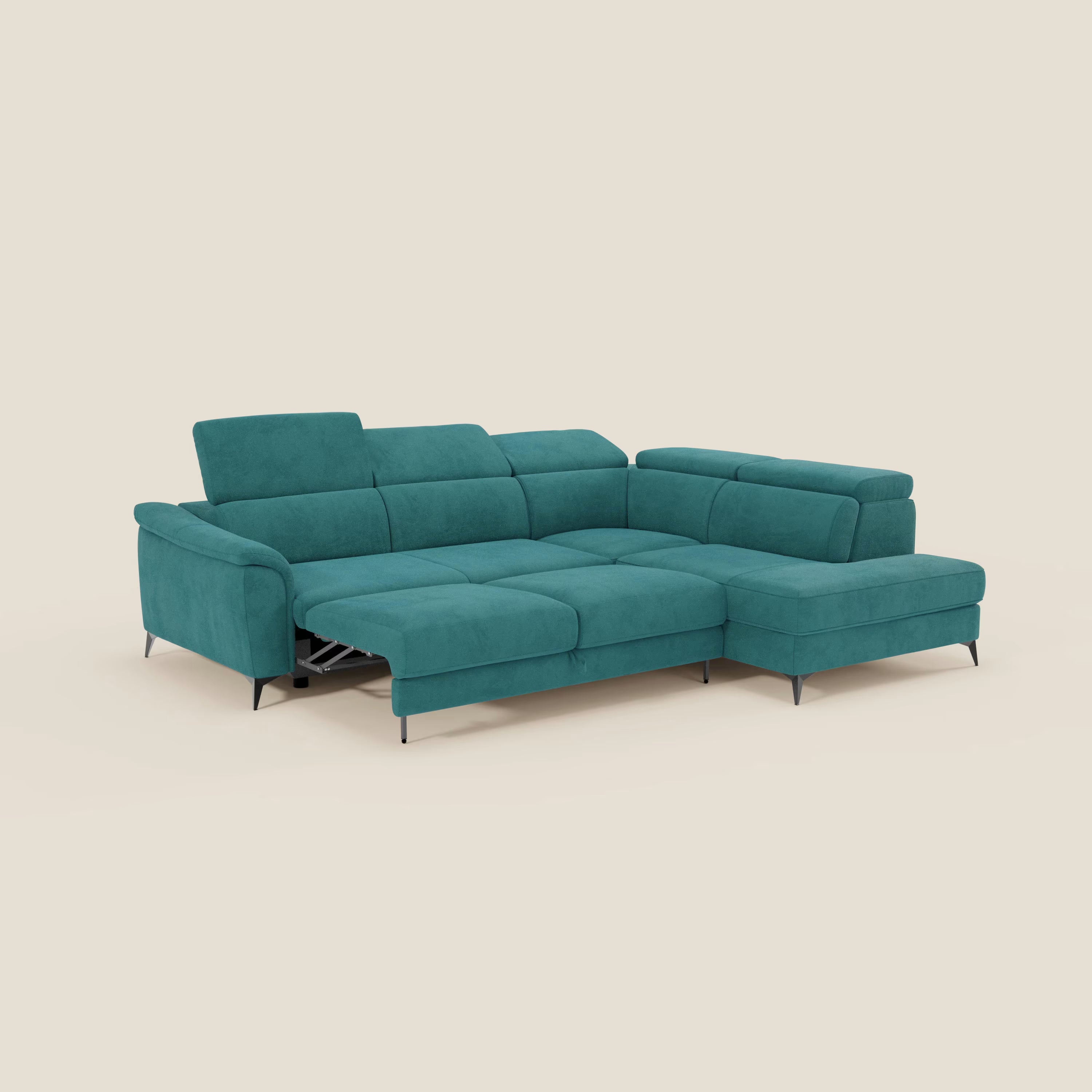 Arcos Canapé d'angle - pieds hauts et têtières inclinables en microfibre imperméable T11 bleu canard