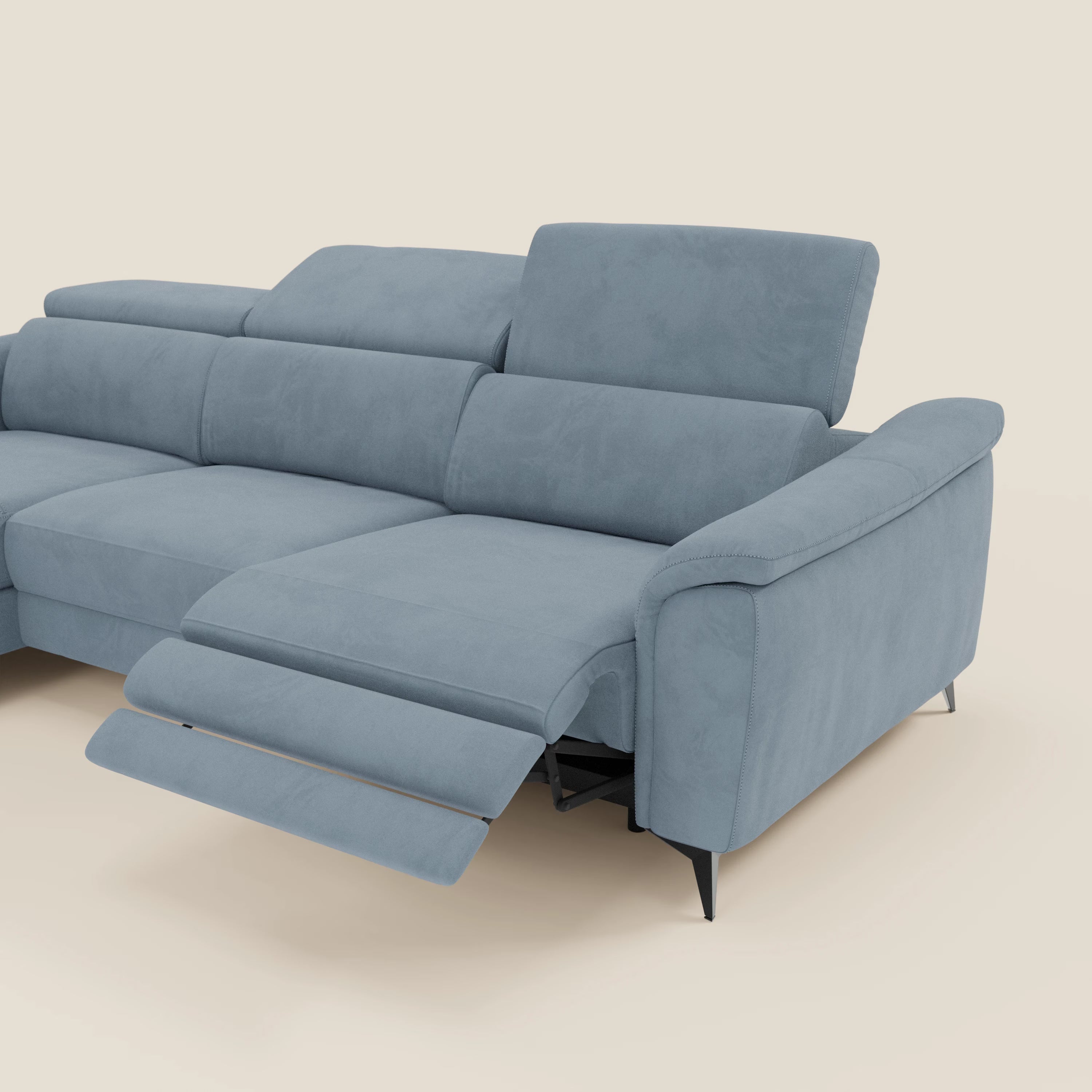 Arcos Canapé avec méridienne - pieds hauts et têtières inclinables en microfibre imperméable T11 bleu pastel