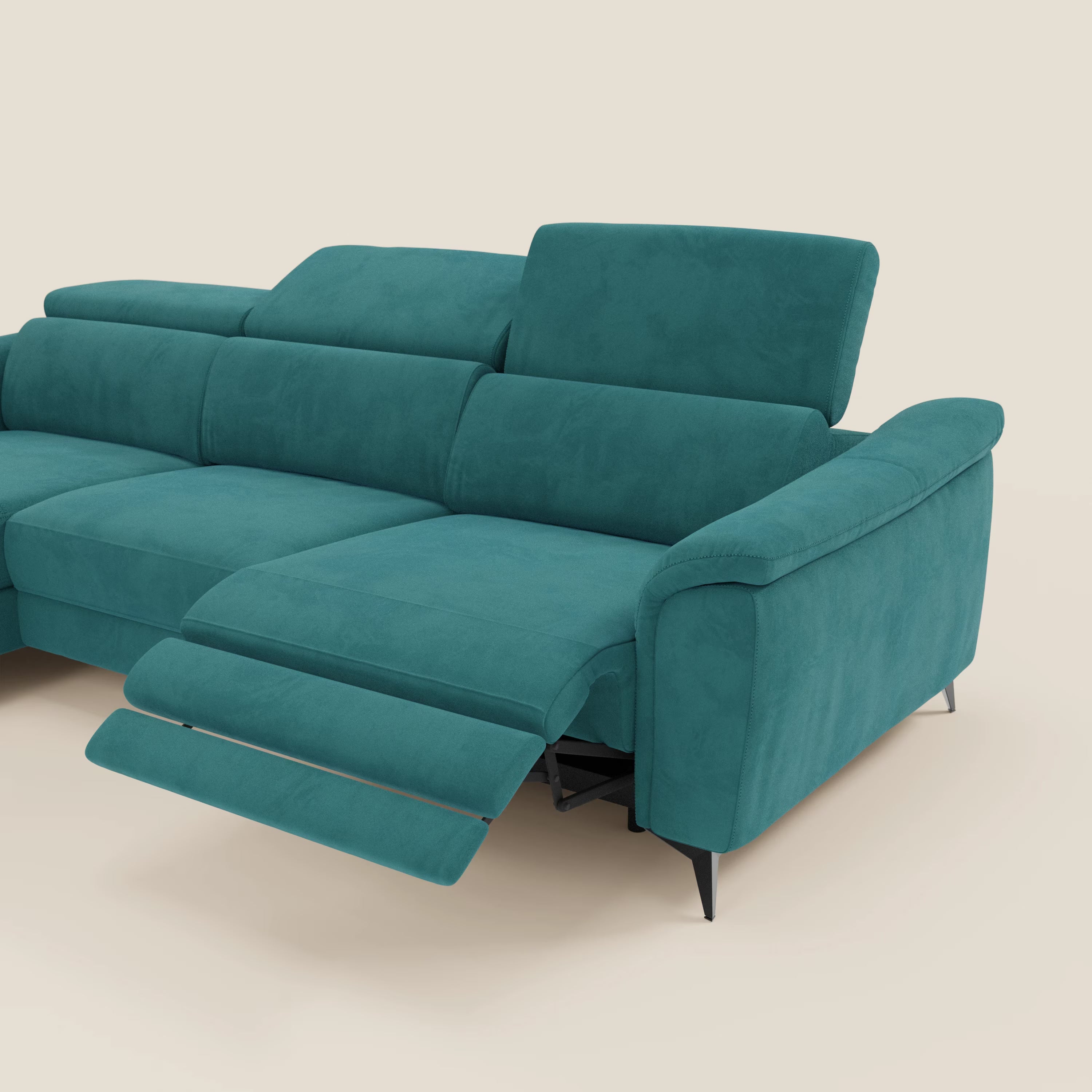 Arcos Canapé avec méridienne - pieds hauts et têtières inclinables en microfibre imperméable T11 bleu canard