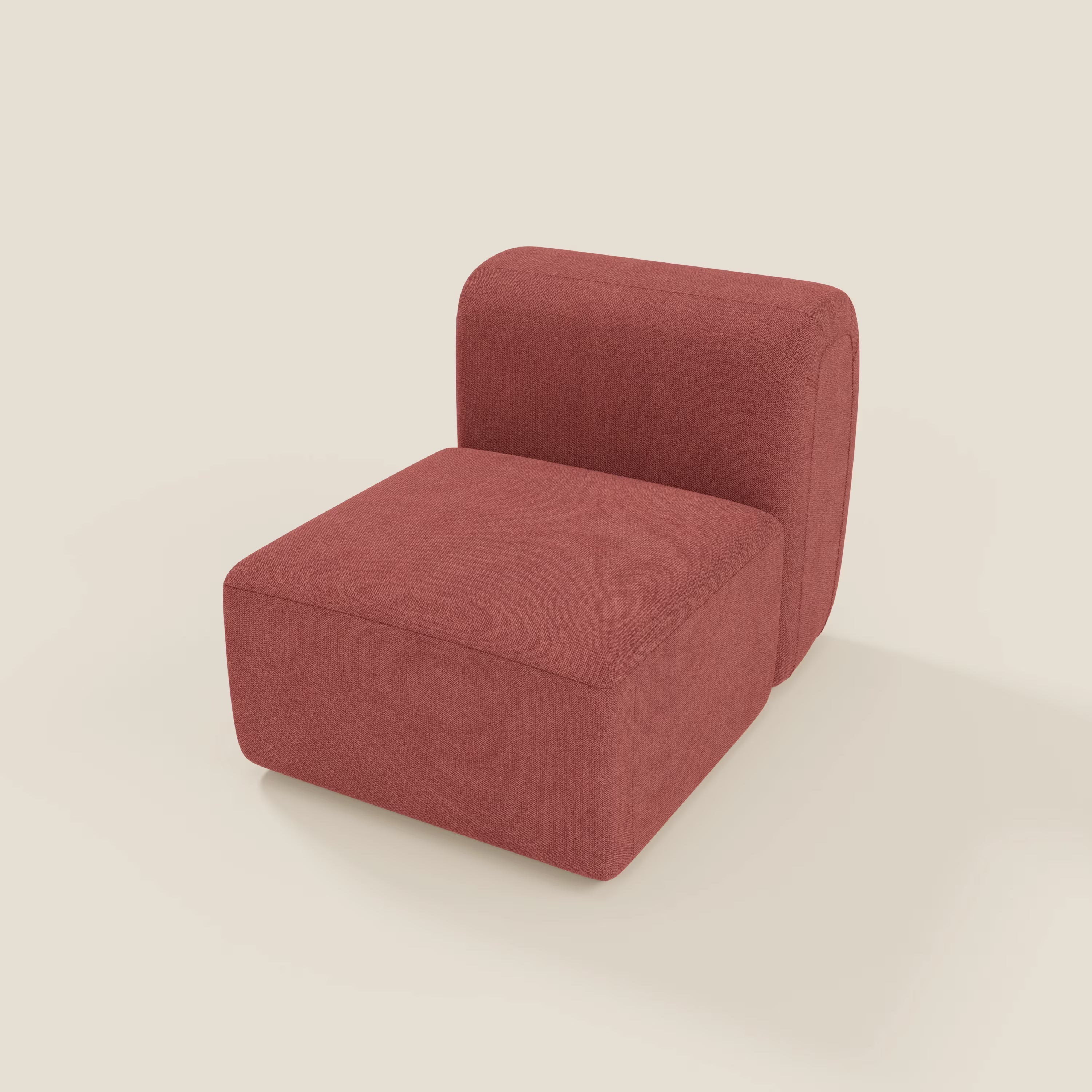 BonBon modulo centrale 70 cm di Divani.Store è una sedia senza braccioli o componibile con seduta spessa e schienale curvo rettangolare, rivestita in tessuto T23 rosso ciliegia facile da pulire, presentata su sfondo chiaro senza gambe o decori visibili.