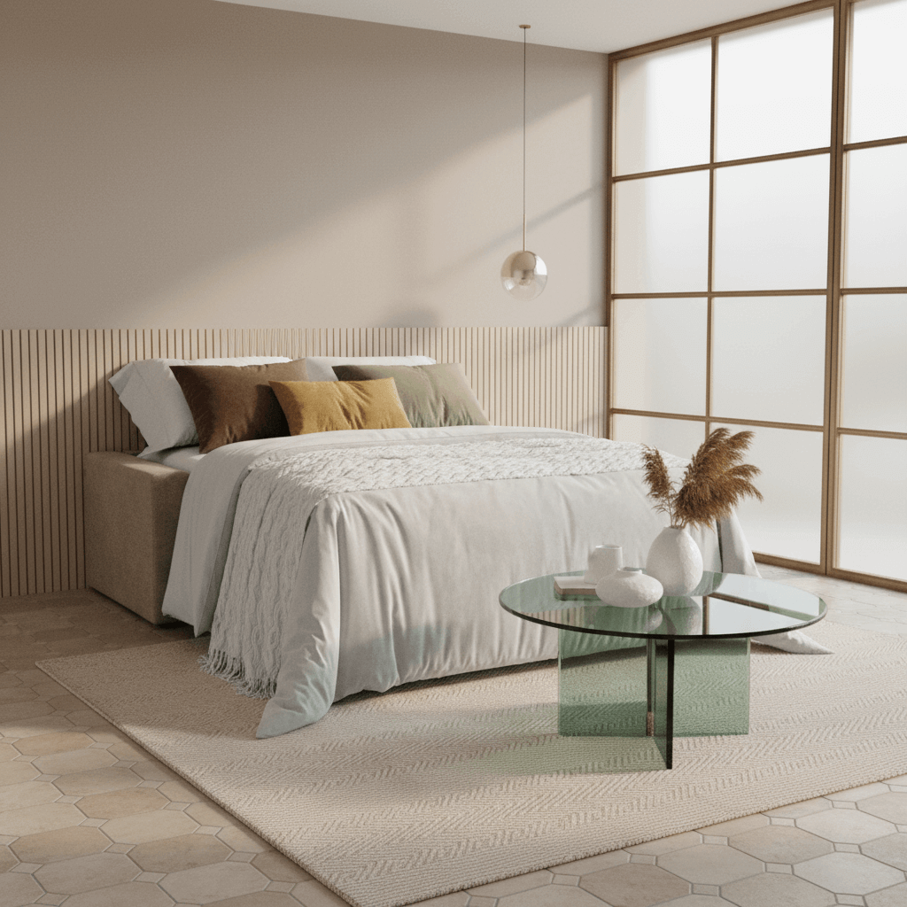 Una camera da letto minimalista presenta il divano letto matrimoniale Divani.Store Diomede in velluto easy clean T35 beige con cuscini nei toni della terra, un piumino bianco testurizzato su un tappeto chiaro e un tavolino in vetro con vasi sotto la morbida luce naturale delle finestre smerigliate.