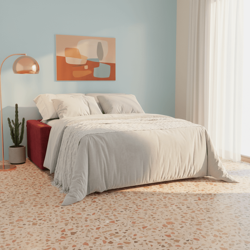 Un'accogliente camera da letto presenta un letto con biancheria bianca e il divano letto matrimoniale Diomede in velluto rosso facile da pulire di Divani.Store. Un'opera d'arte astratta moderna è appesa a una parete blu, con una lampada da terra in rame, un cactus in vaso e una finestra a tenda bianca nelle vicinanze.