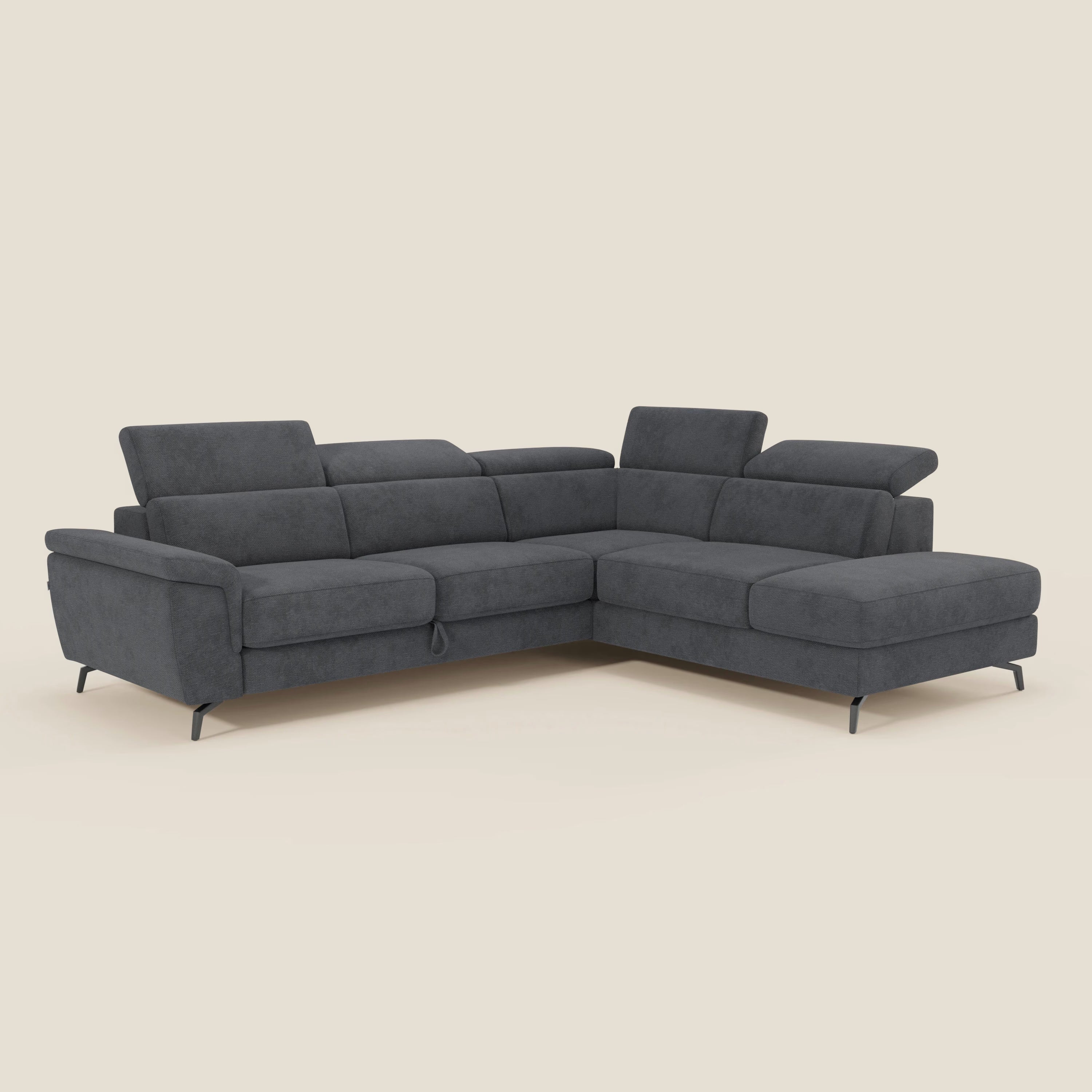 Estro Ecksofa mit Ausziehfunktion – verstellbare Kopfstützen aus wasserfestem Stoff T14 anthrazit