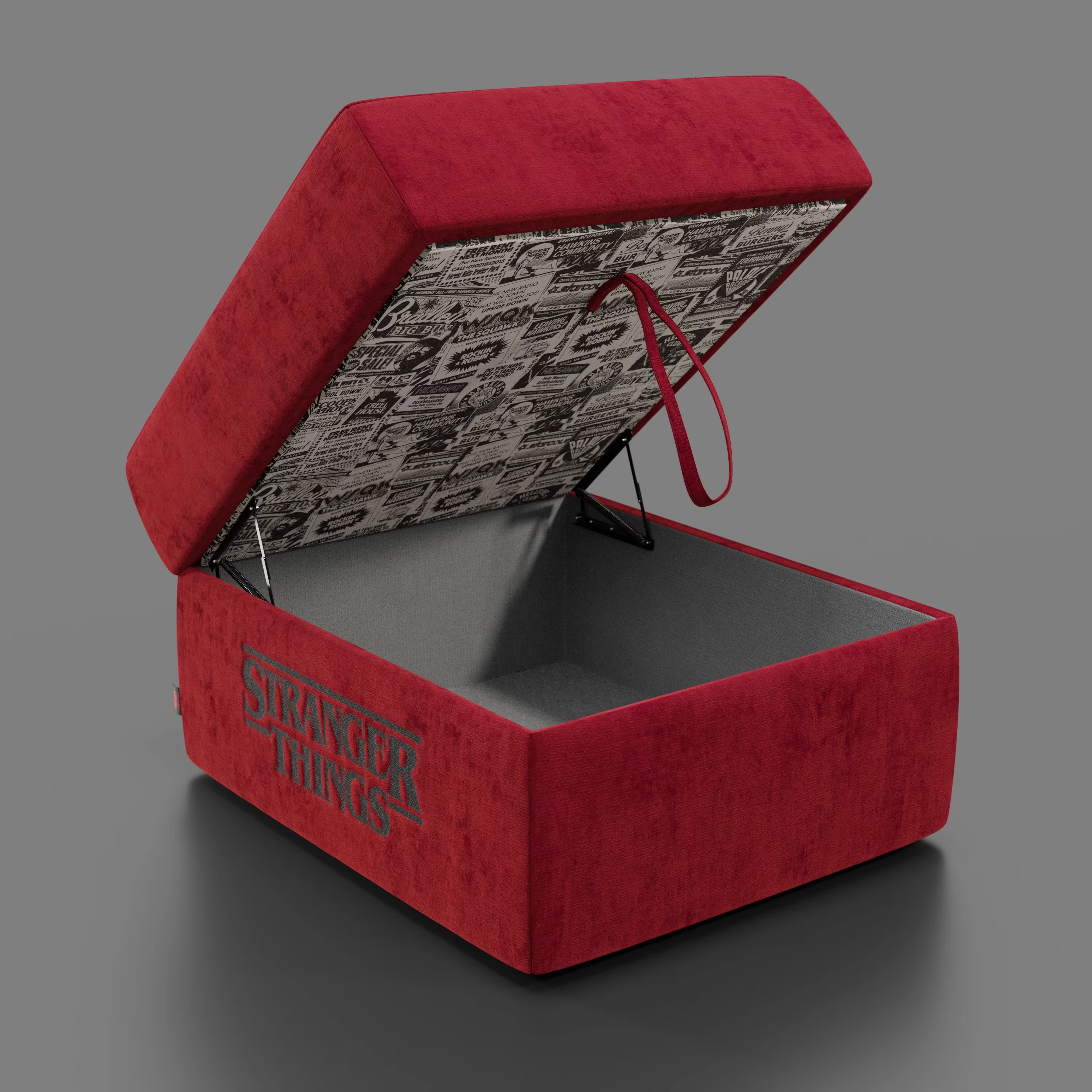 Il pouf Sun Contenitore Stranger Things Edition di Divani.Store è un pouf in tessuto rosso antimacchia (60x80 cm) con ricamo del logo, spazioso interno grigio, tracolla e coperchio foderato con immagini dei personaggi in bianco e nero.