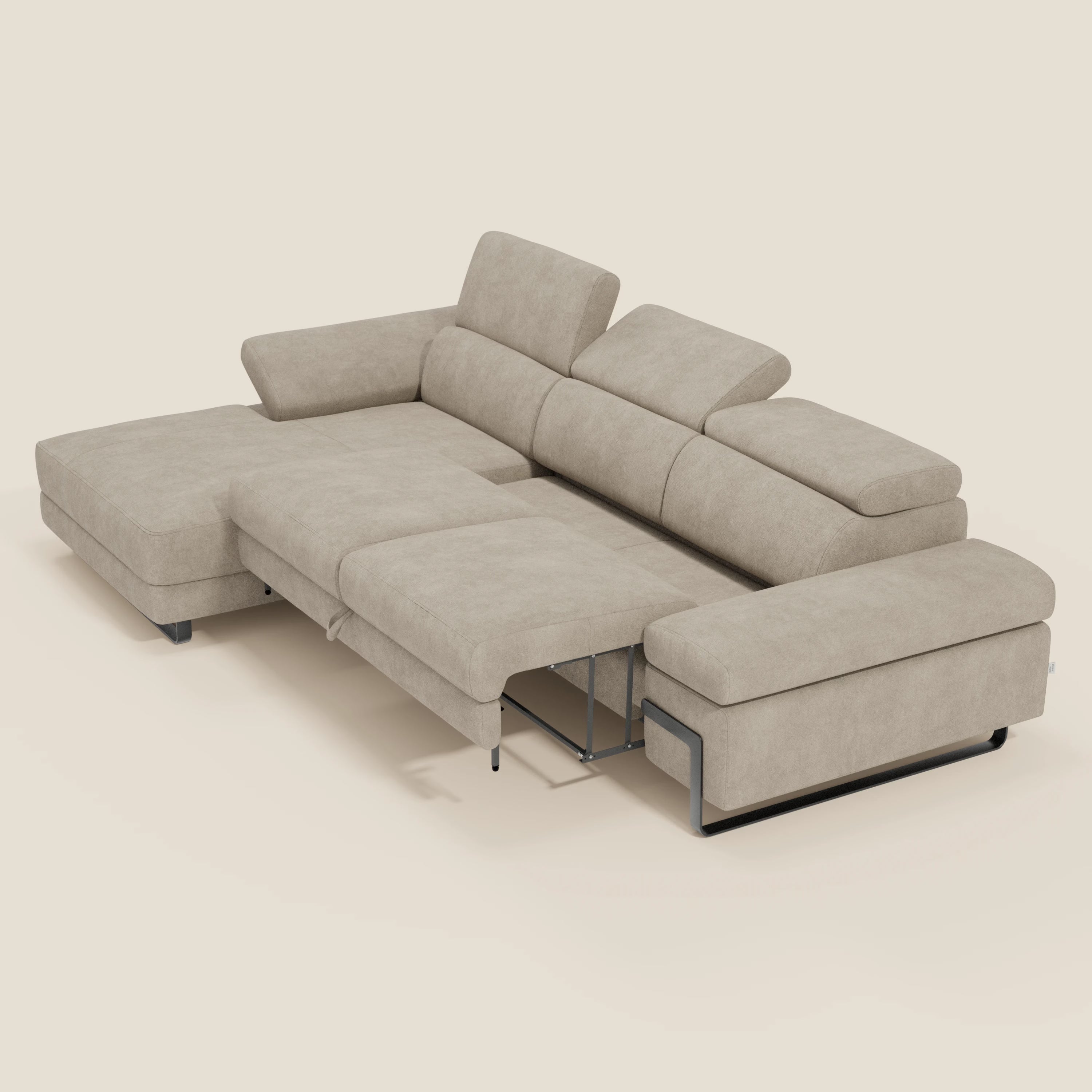 Zayana Ecksofa mit Ausziehfunktion – verstellbare Armlehnen und Kopfstützen aus wasserfestem Stoff T02 creme