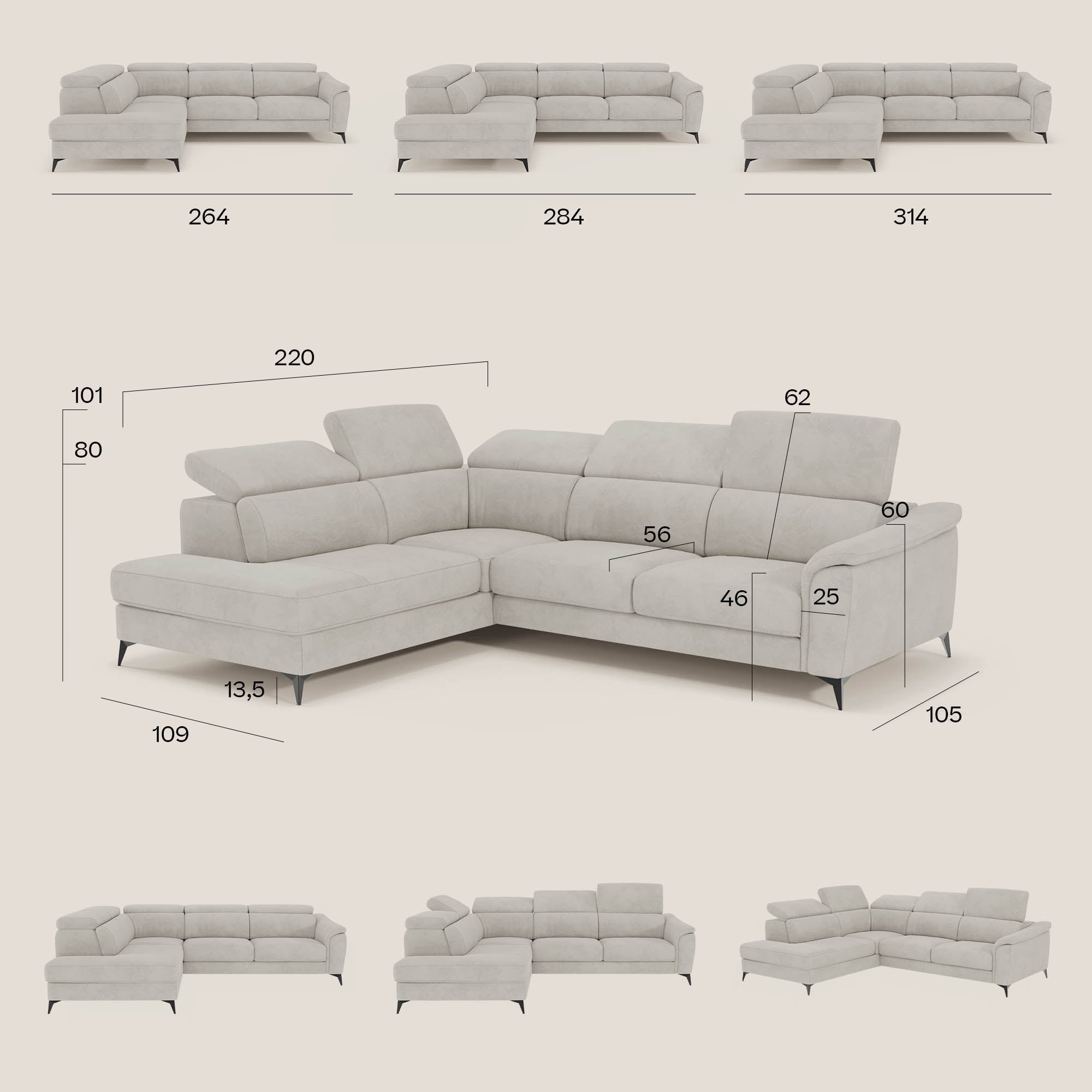 Arcos Divano angolare con relax elettrico - poggiatesta reclinabili 284 cm SINISTRO in microfibra impermeabile T11 tortora