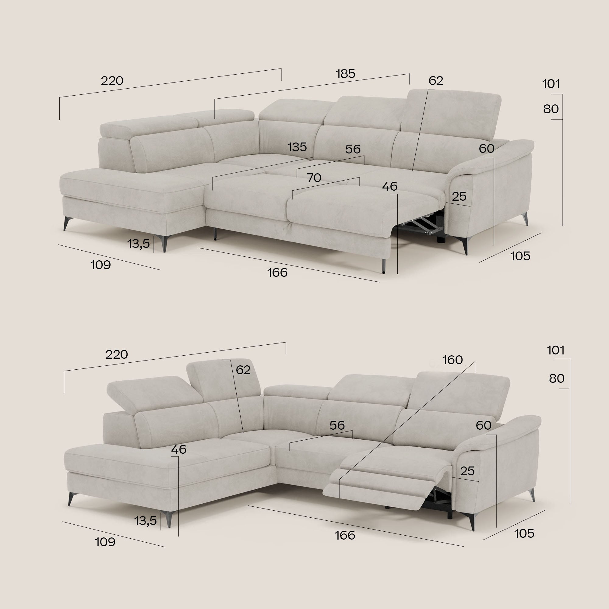 Arcos Divano angolare con relax elettrico - poggiatesta reclinabili 284 cm SINISTRO in microfibra impermeabile T11 tortora