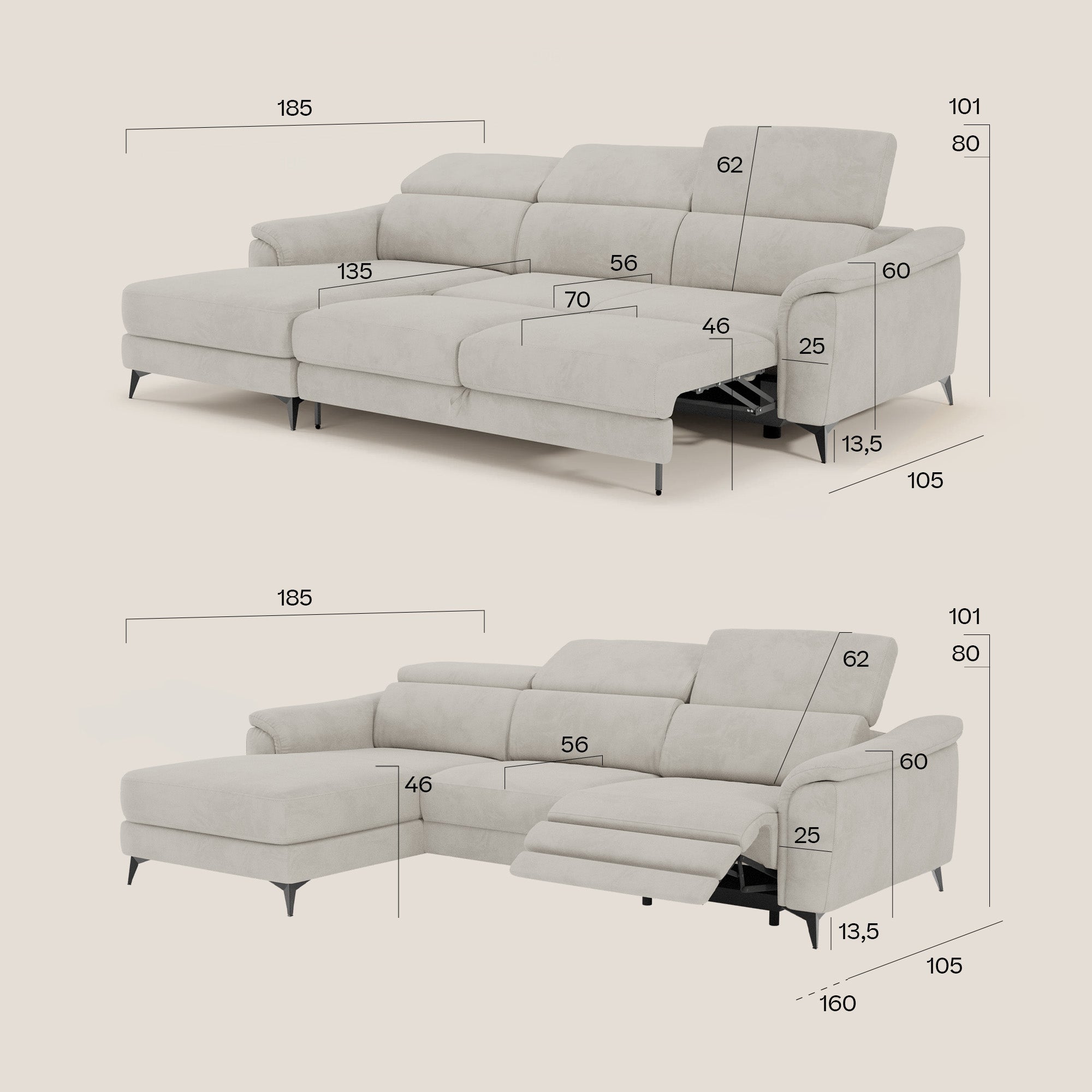 Arcos Divano con penisola - piedini alti e poggiatesta reclinabili in microfibra impermeabile T11 rosso