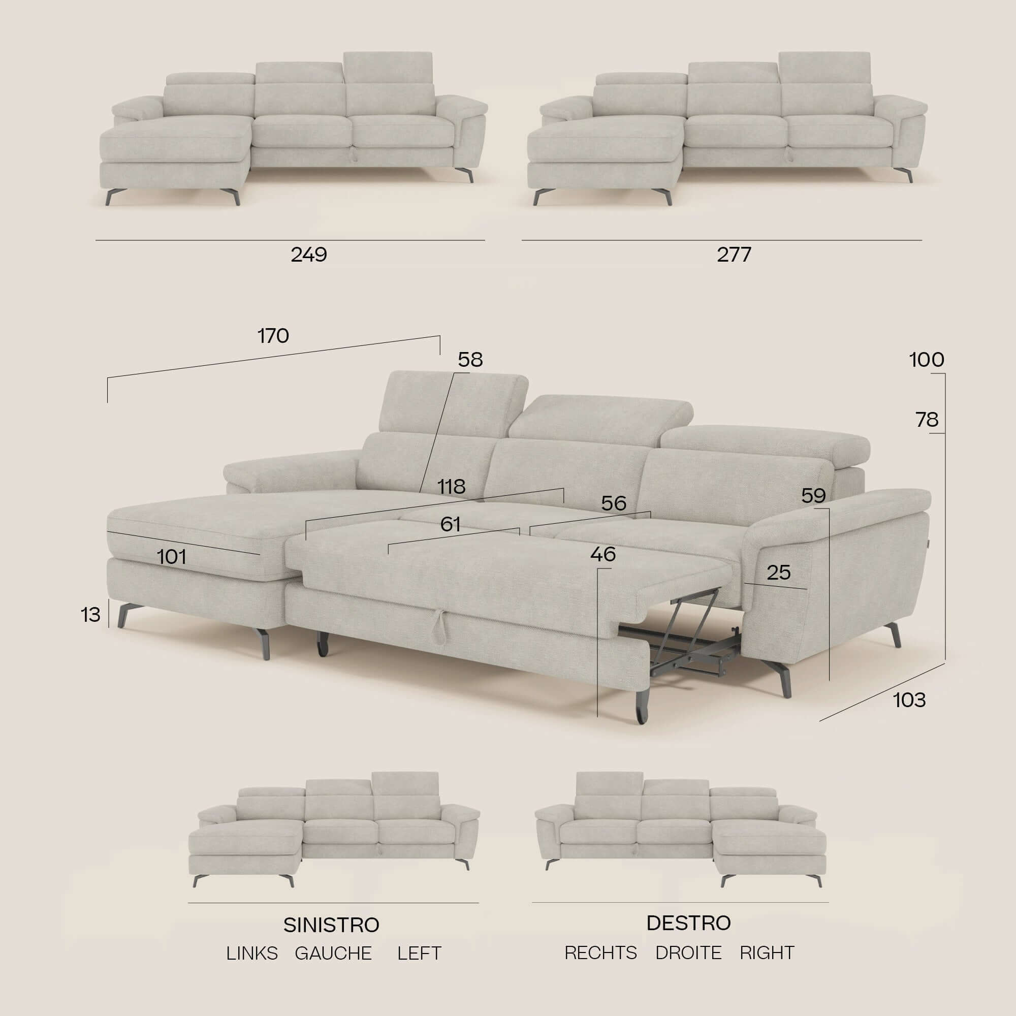Estro Divano estraibile con chaise-longue e poggiatesta reclinabili in tessuto impermeabile T14 marrone