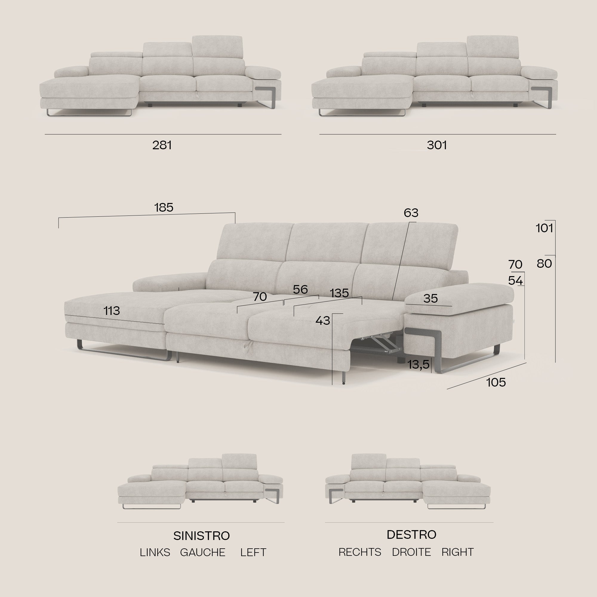 Zayana Divano angolare estraibile - braccioli e poggiatesta reclinabili in tessuto impermeabile T02 panna