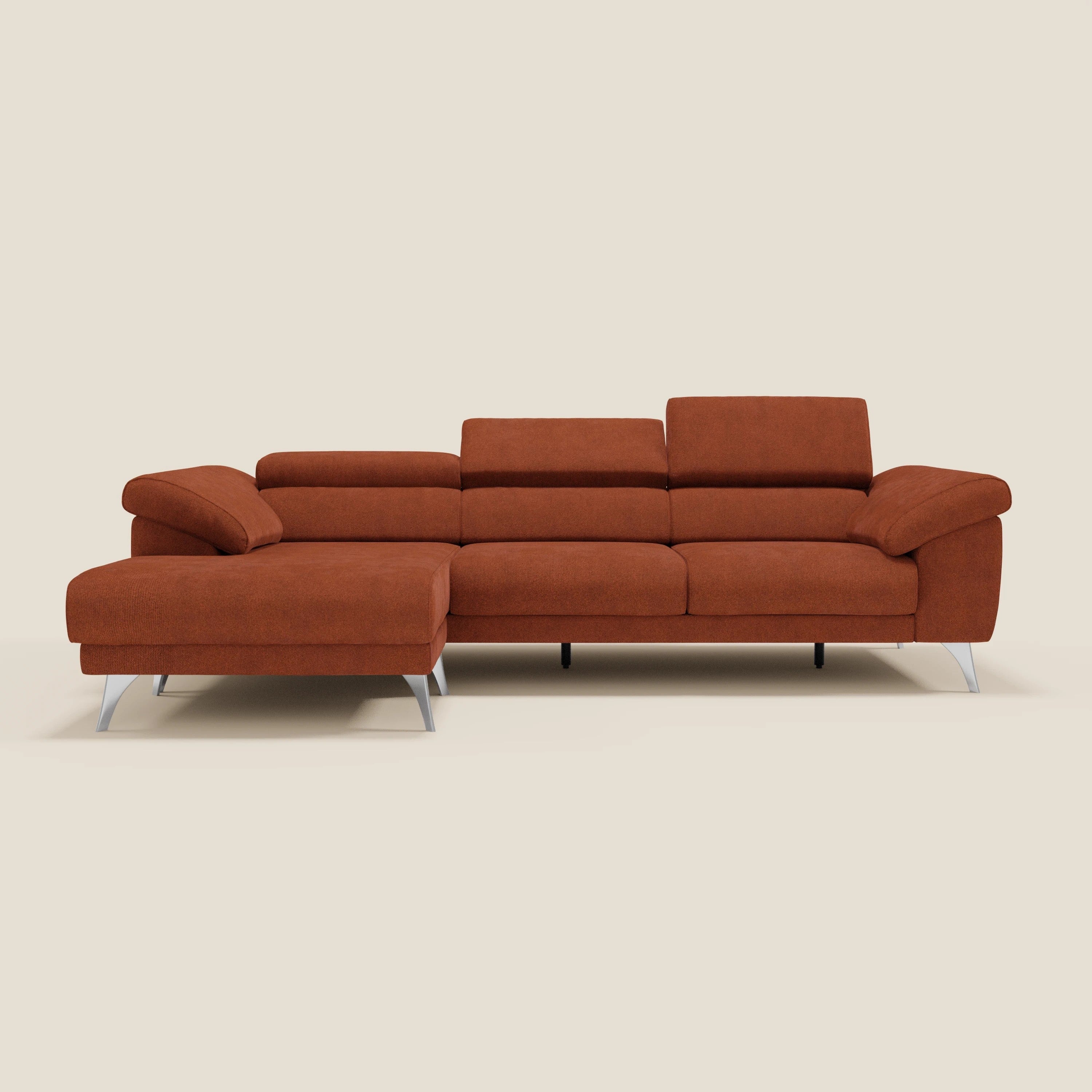 Donatello Ecksofa mit verschiebbaren Sitzen, Armlehnen mit Stauraum und Kopfstütze aus weichem, abwaschbarem Stoff T23 rostrot