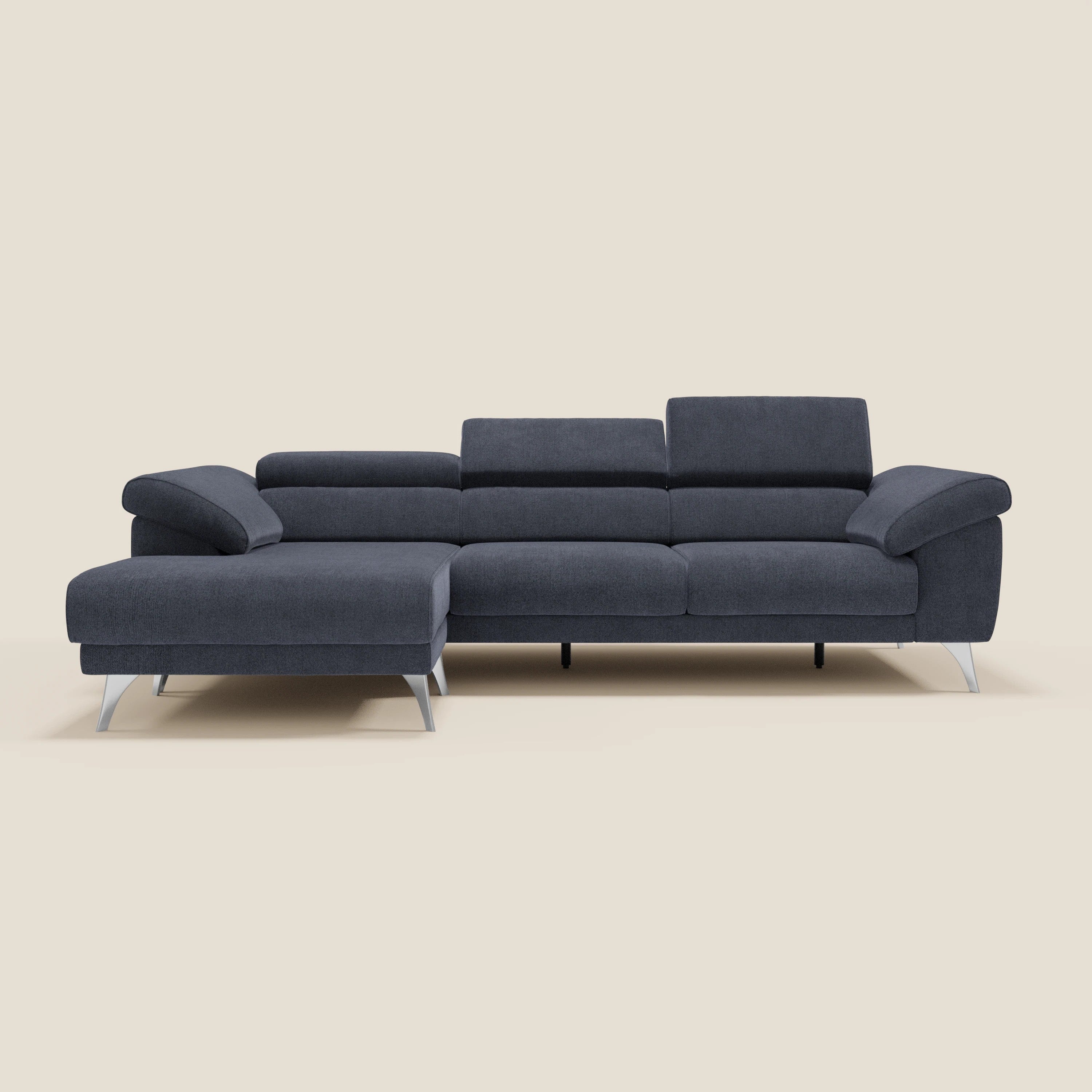 Donatello Ecksofa mit verschiebbaren Sitzen, Armlehnen mit Stauraum und Kopfstütze aus weichem, abwaschbarem Stoff T23 Schieferblau