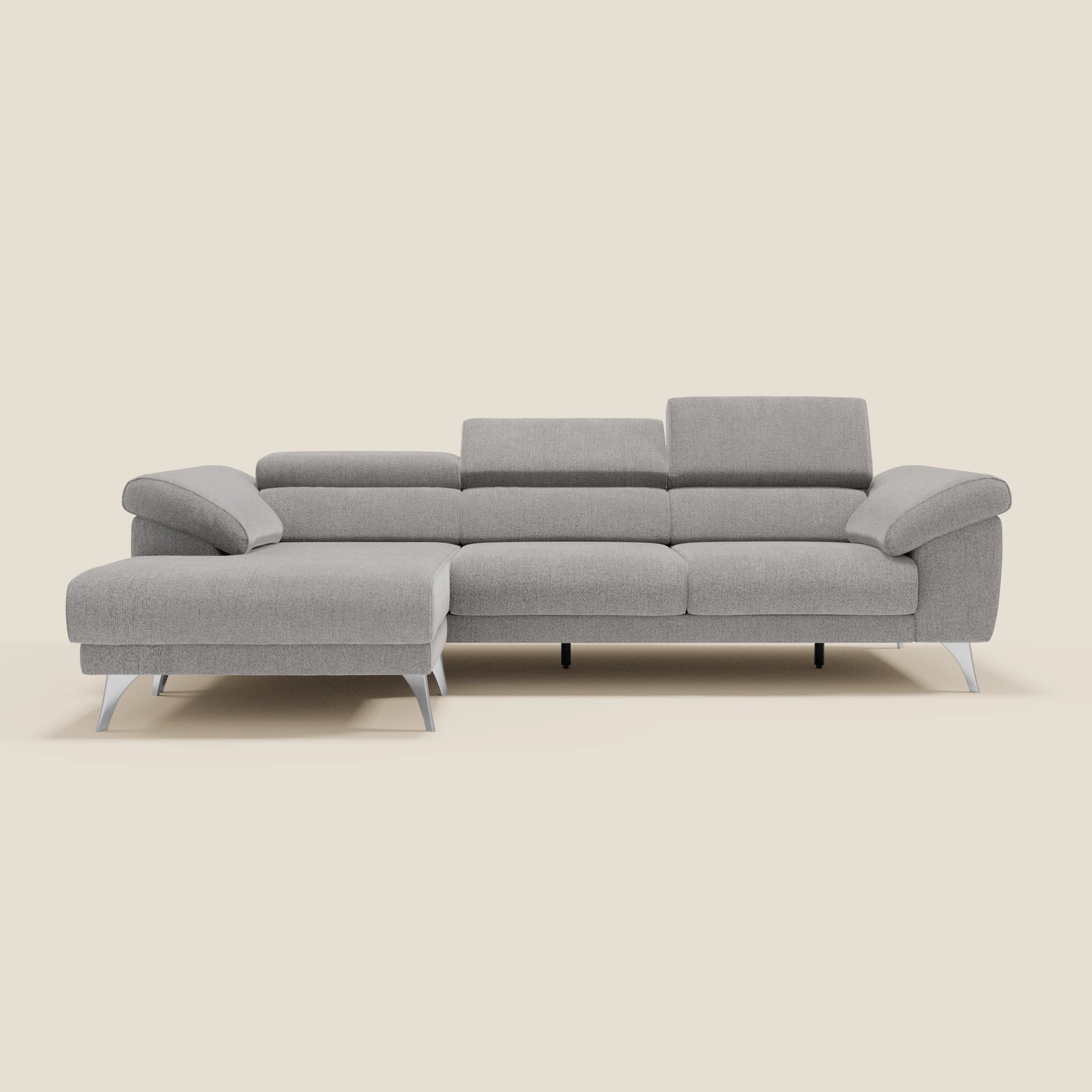 Donatello Ecksofa mit verschiebbaren Sitzen, Armlehnen mit Stauraum und Kopfstütze aus weichem, abwaschbarem Stoff T23 grau
