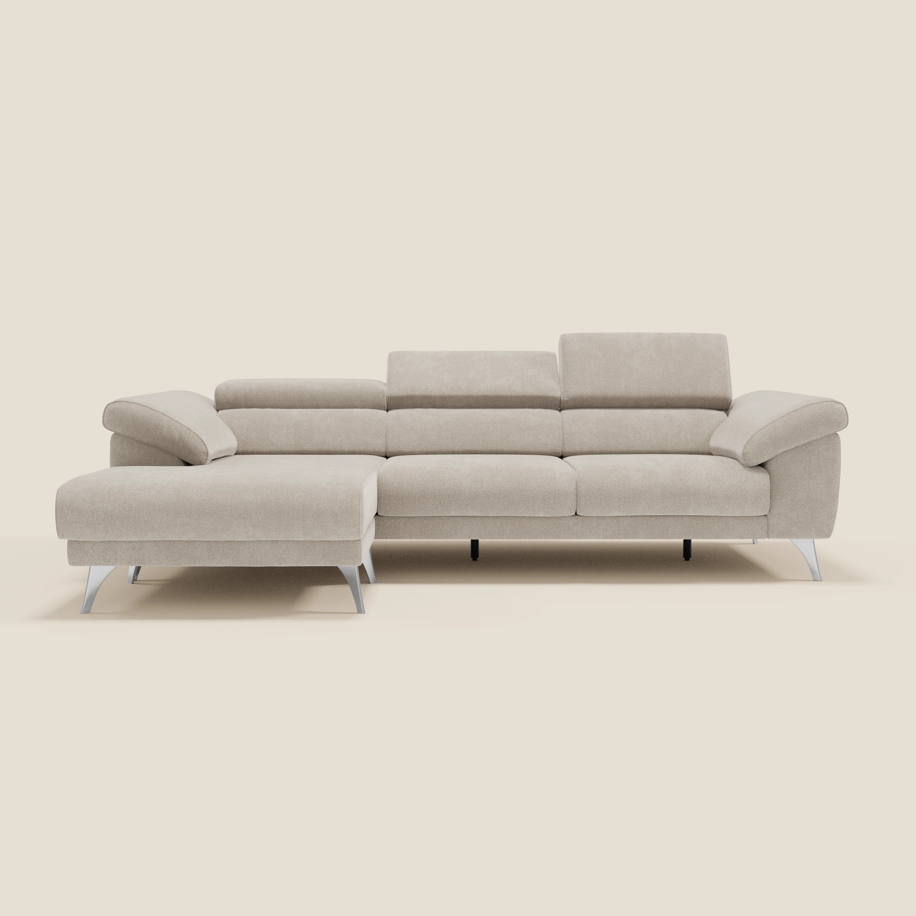 Donatello Ecksofa mit verschiebbaren Sitzen, Armlehnen mit Stauraum und Kopfstütze aus weichem, abwaschbarem Stoff T23 creme