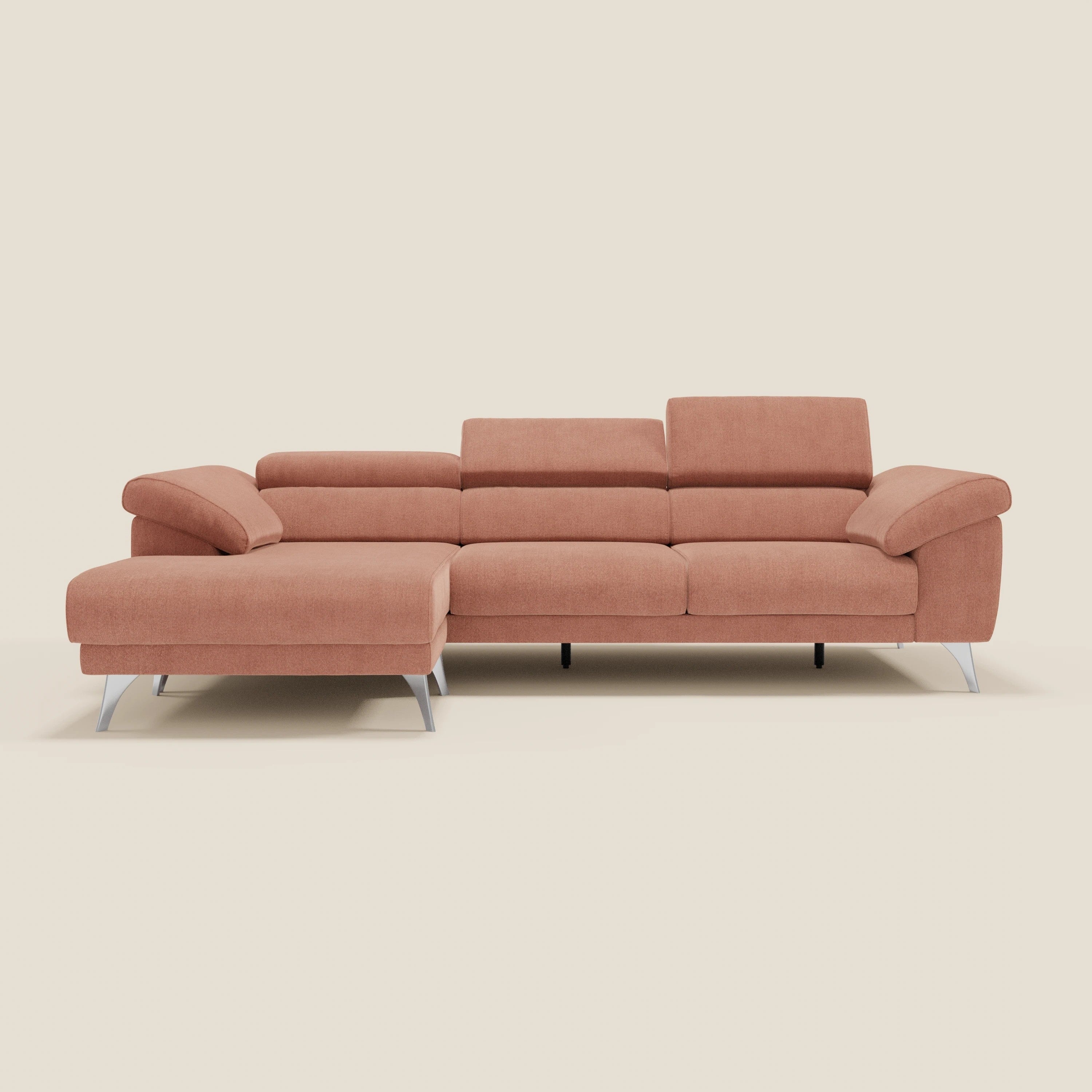 Donatello Ecksofa mit verschiebbaren Sitzen, Armlehnen mit Stauraum und Kopfstütze aus weichem, abwaschbarem Stoff T23 pfirsich
