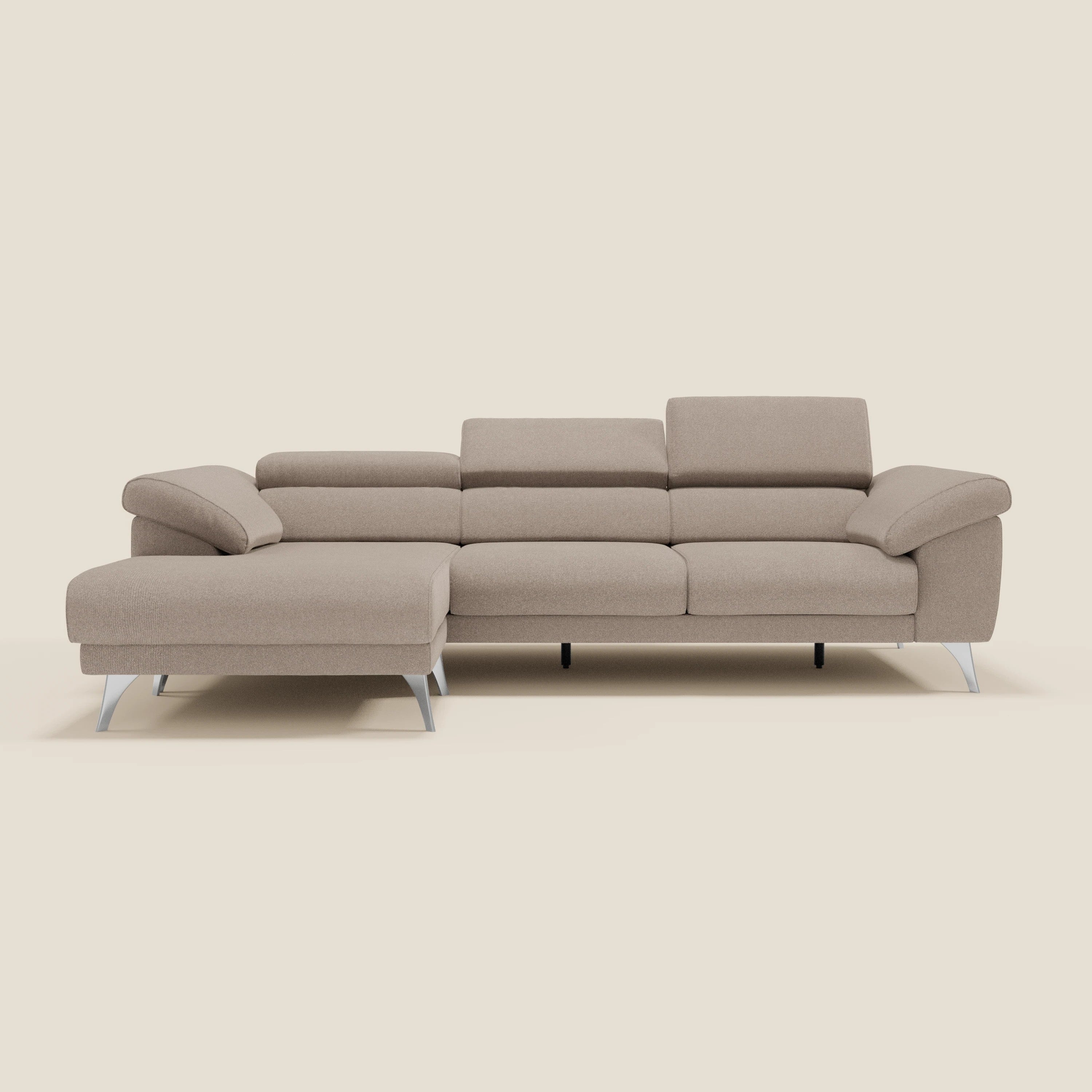 Donatello Ecksofa mit verschiebbaren Sitzen, Armlehnen mit Stauraum und Kopfstütze aus weichem, abwaschbarem Stoff T23 graubeige