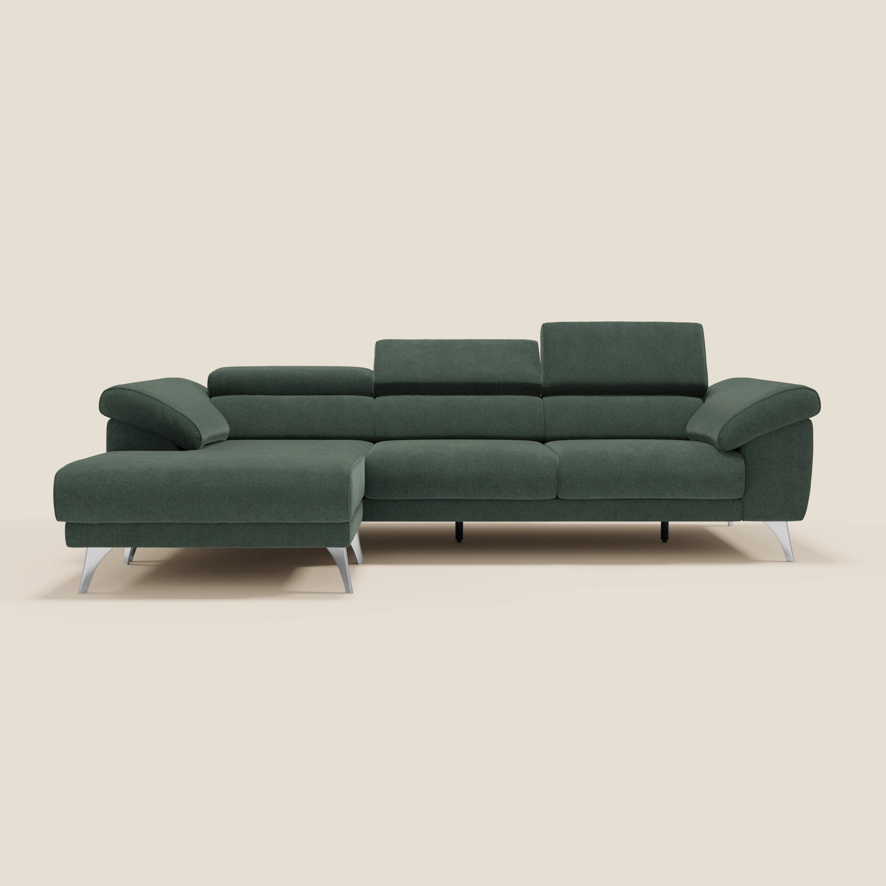 Donatello Ecksofa mit verschiebbaren Sitzen, Armlehnen mit Stauraum und Kopfstütze aus weichem, abwaschbarem Stoff T23 Grün