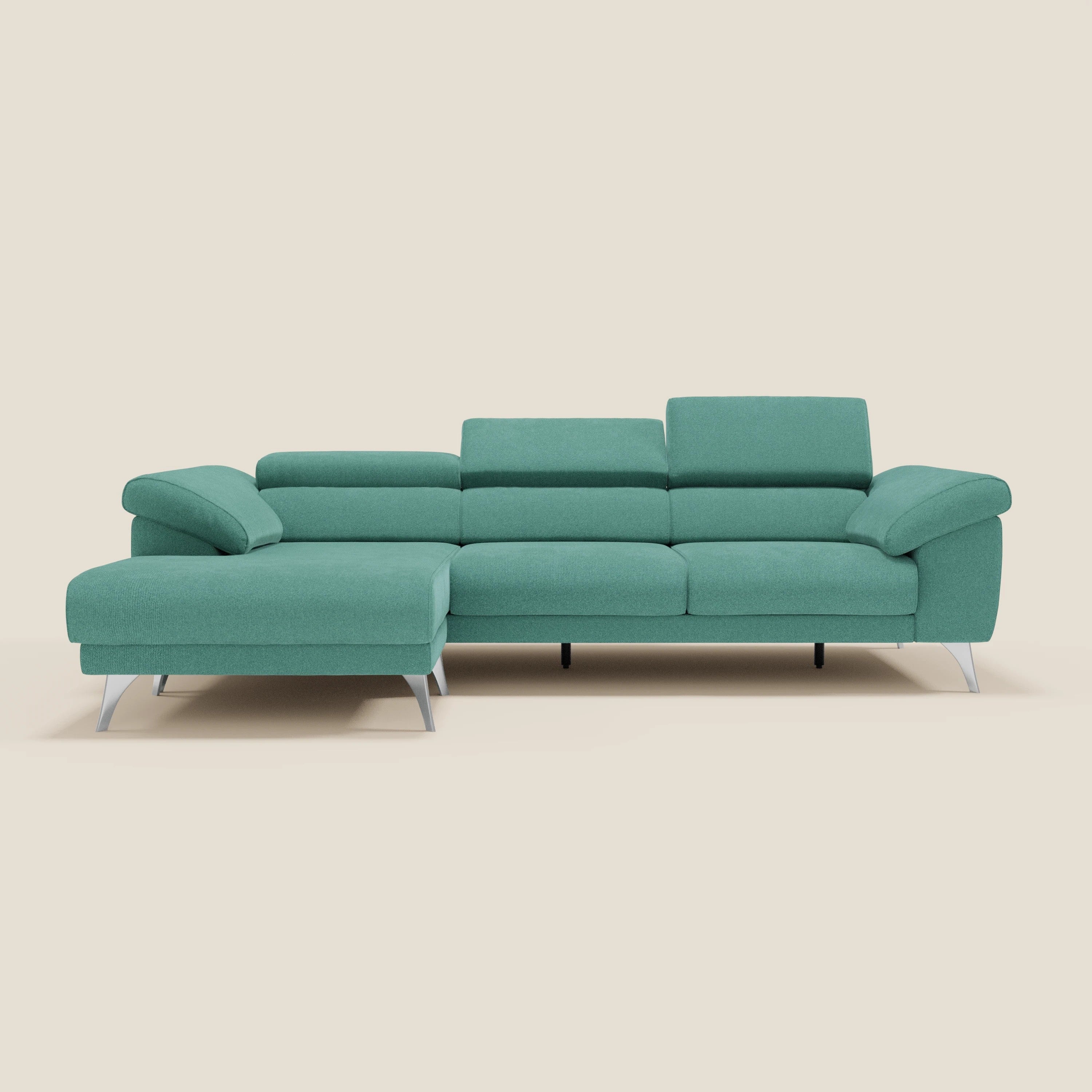 Donatello Ecksofa mit verschiebbaren Sitzen, Armlehnen mit Stauraum und Kopfstütze aus weichem, abwaschbarem Stoff T23 Aquamarin