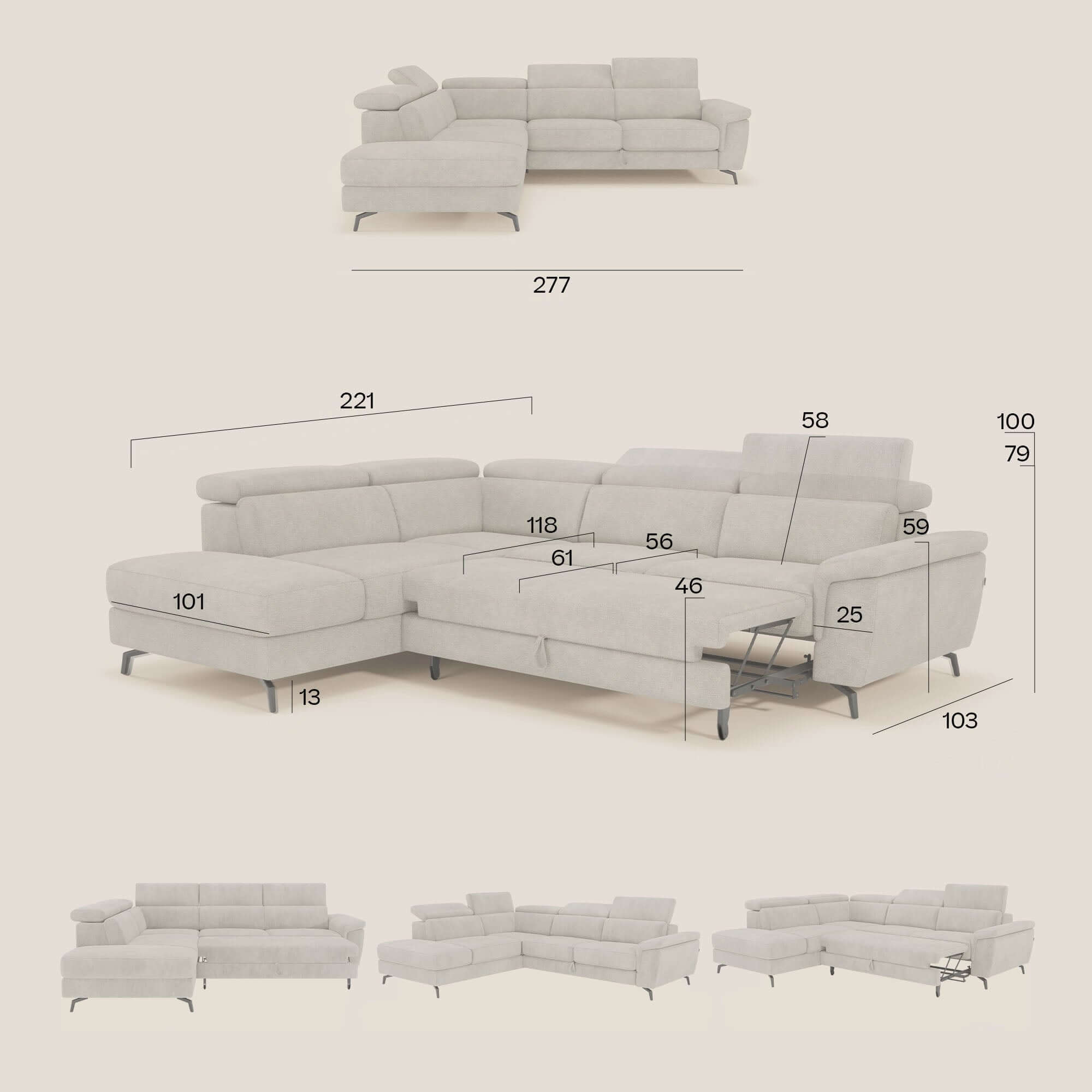 Estro Divano angolare estraibile - poggiatesta reclinabili in tessuto impermeabile T14 tortora