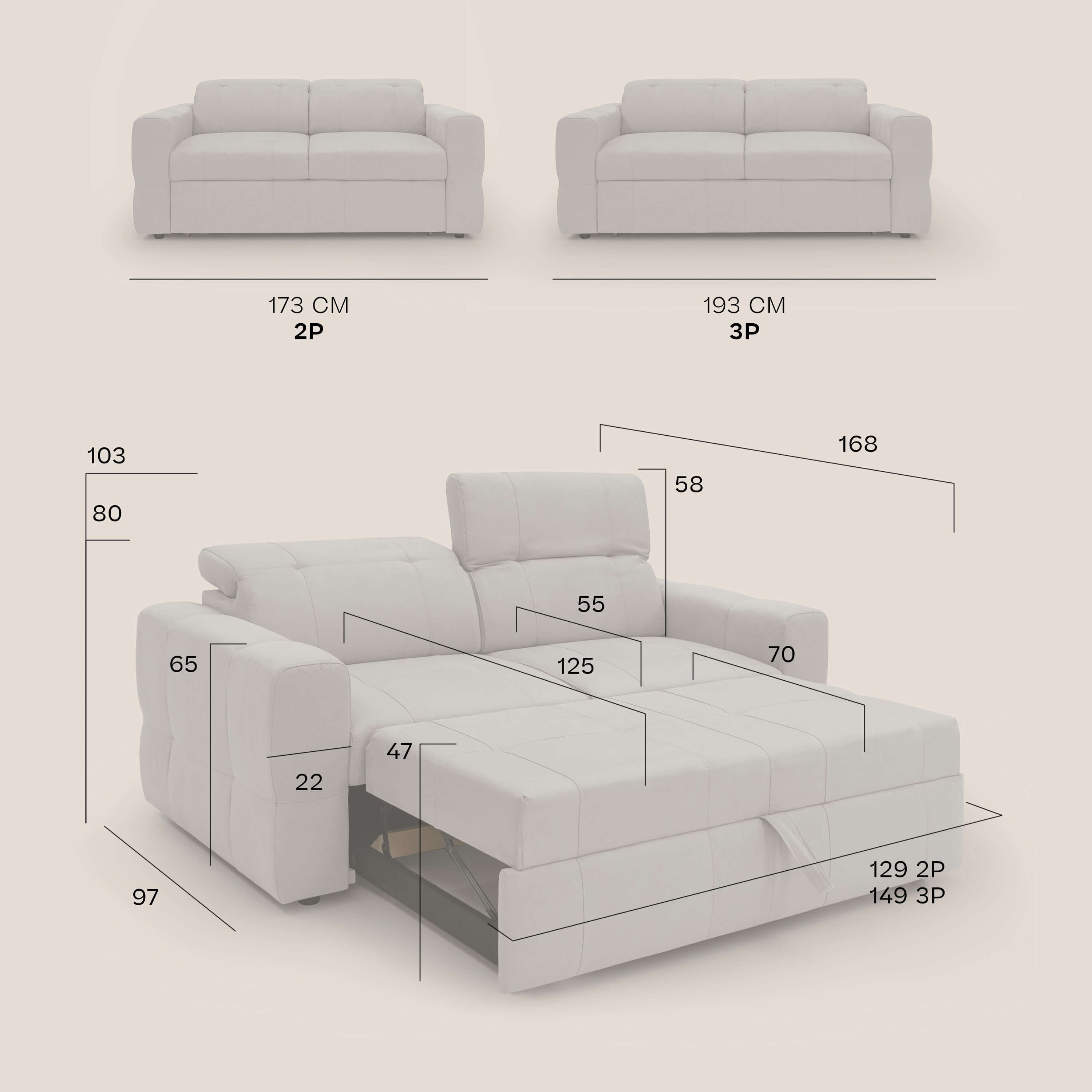 Kronos Divano con pouf estraibile poggiapiedi e poggiatesta reclinabili in morbida microfibra impermeabile T11 panna - divani.store