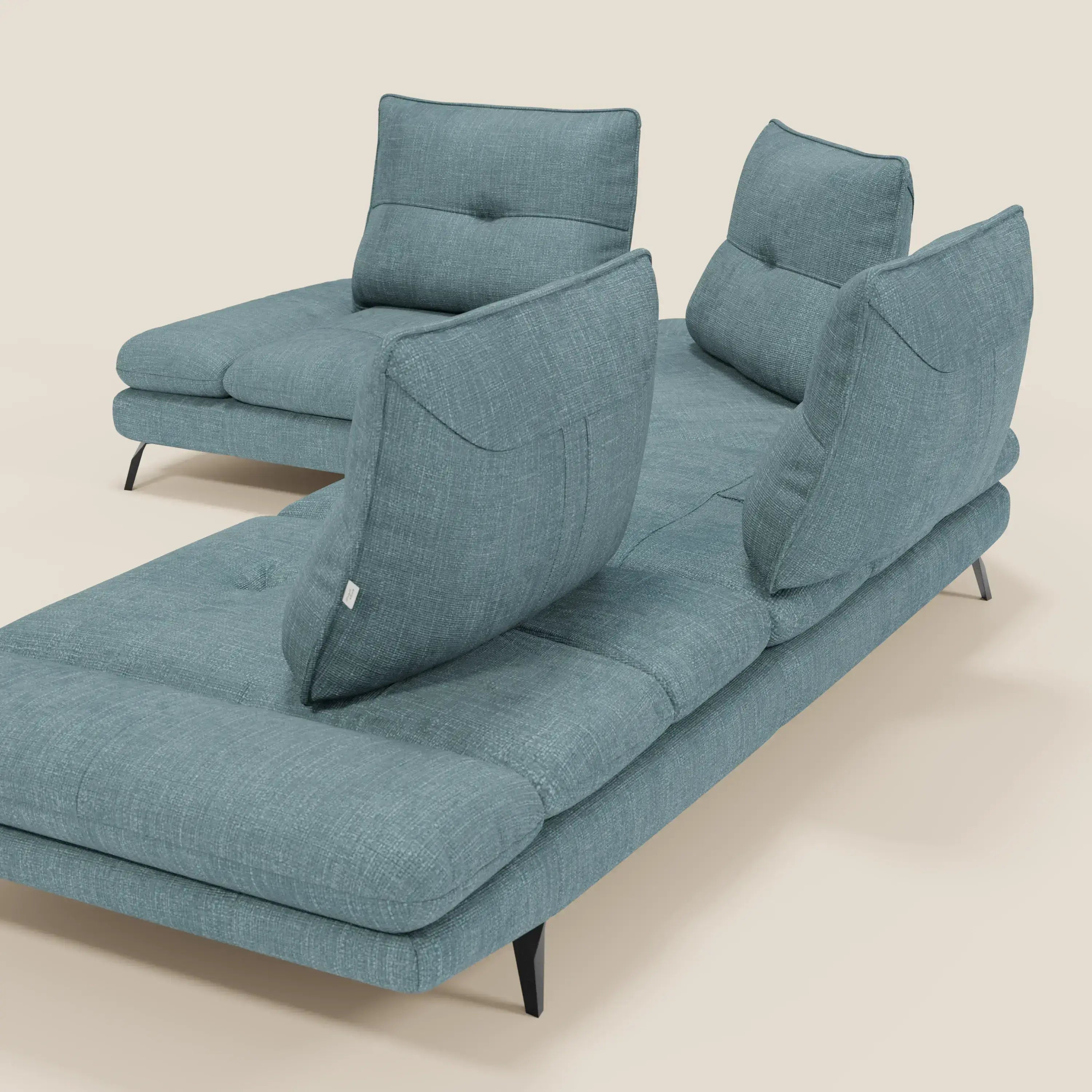 Ardex Divano Angolare - schienali traslanti e bracciolo regolabile in elegante tessuto impermeabile T06 azzurro