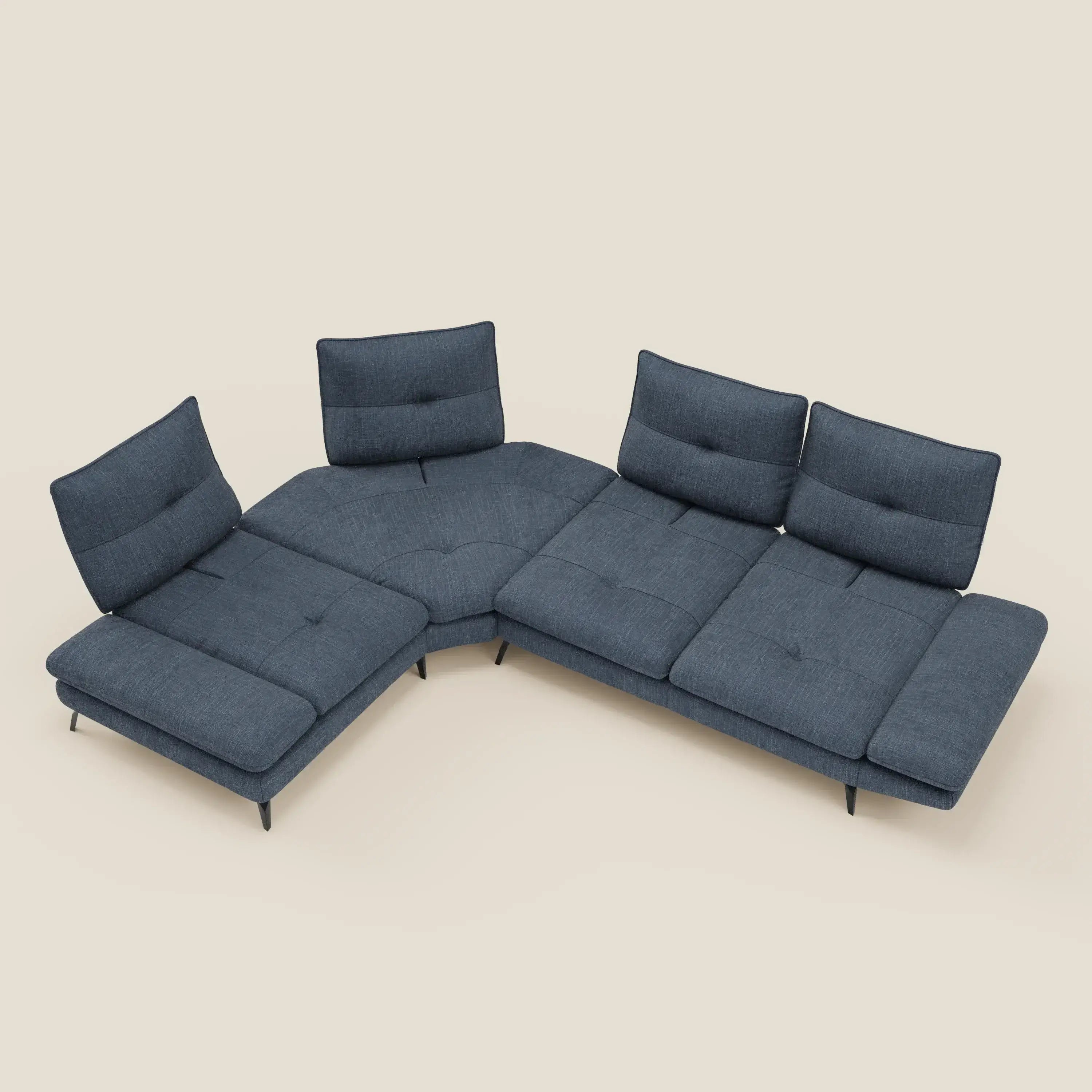 Ardex Divano Angolare - schienali traslanti e bracciolo regolabile in elegante tessuto impermeabile T06 blu