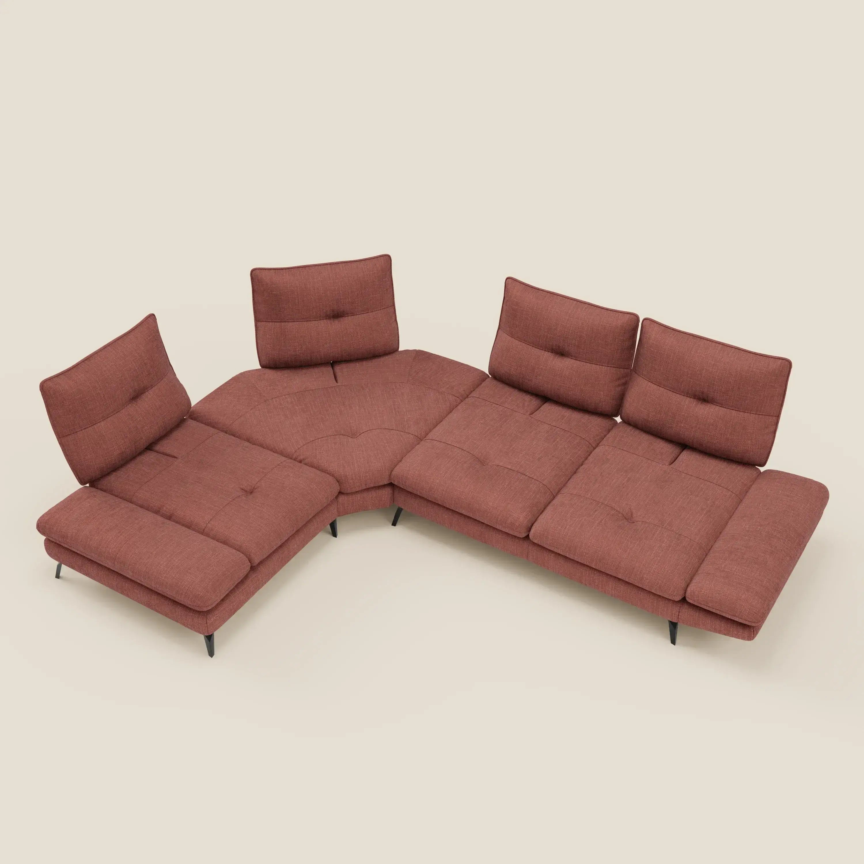 Ardex Divano Angolare - schienali traslanti e bracciolo regolabile in elegante tessuto impermeabile T06 corallo