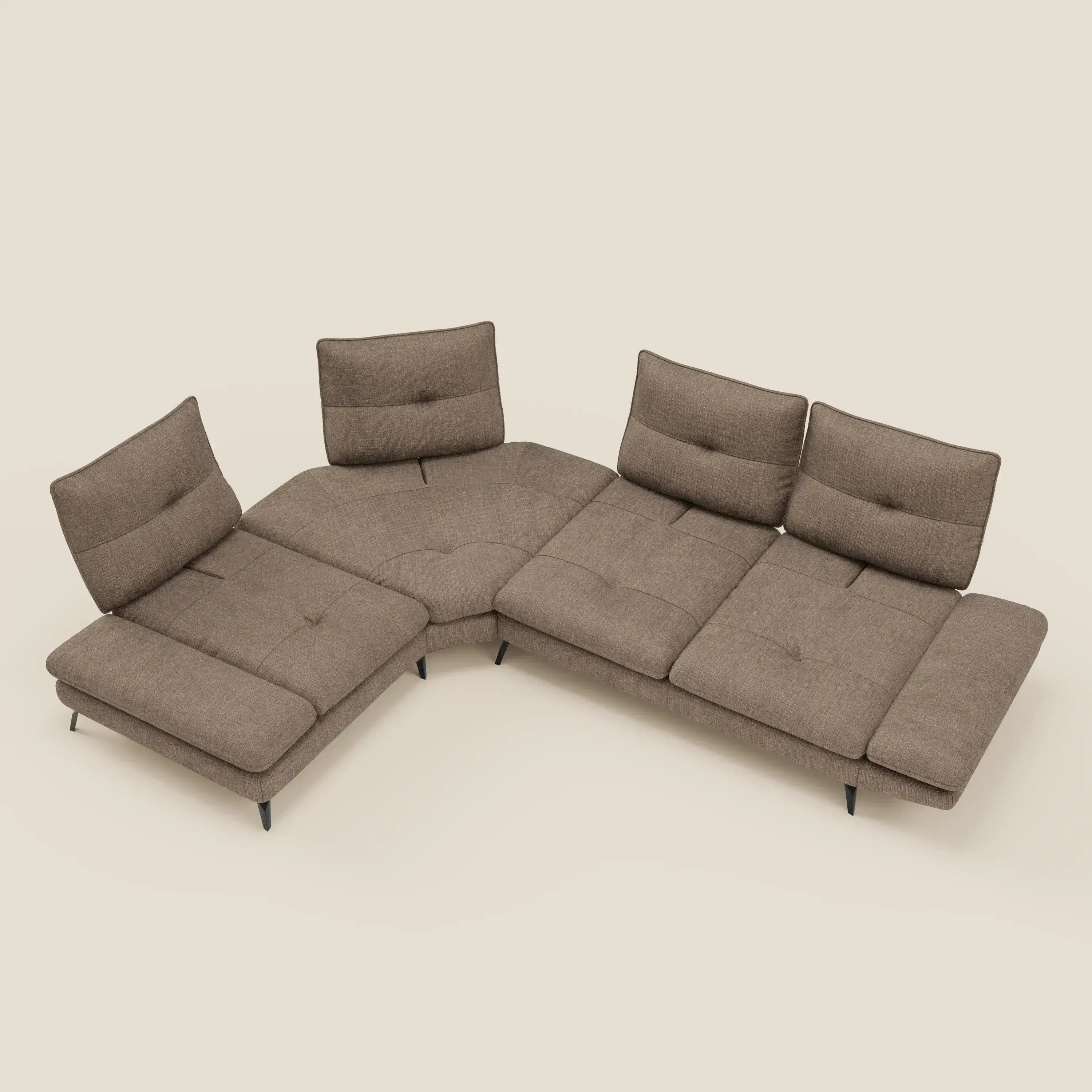 Ardex Divano Angolare - schienali traslanti e bracciolo regolabile in elegante tessuto impermeabile T06 marrone
