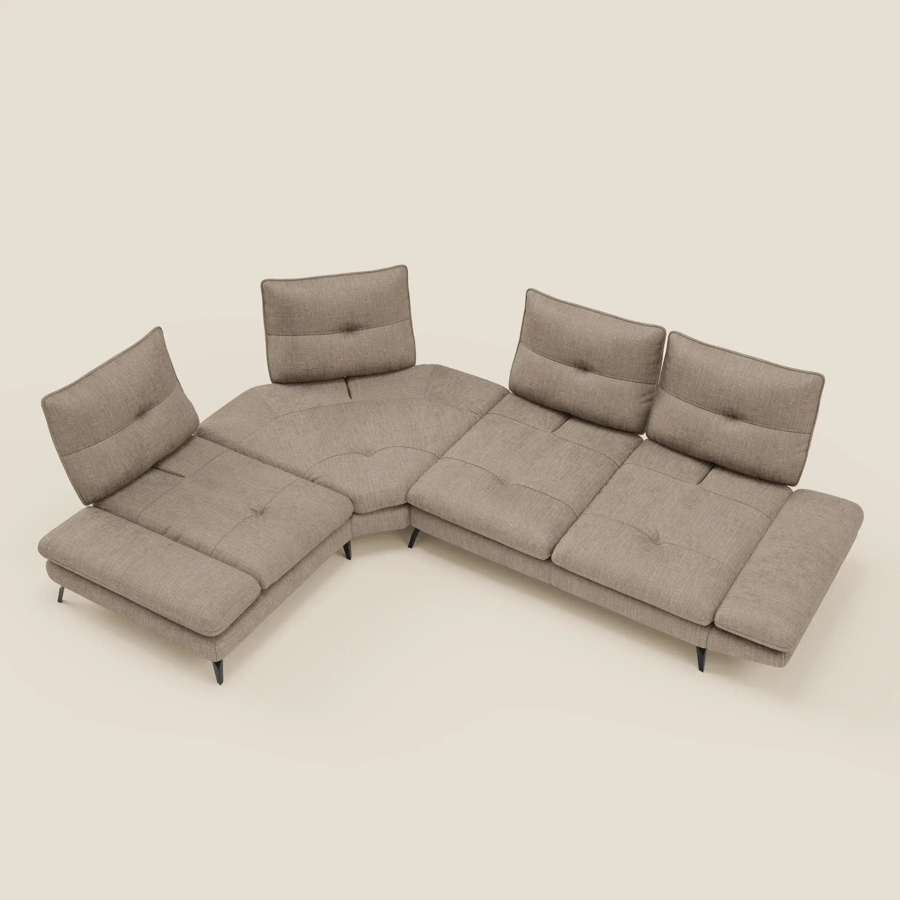 Ardex Divano Angolare - schienali traslanti e bracciolo regolabile in elegante tessuto impermeabile T06 tortora
