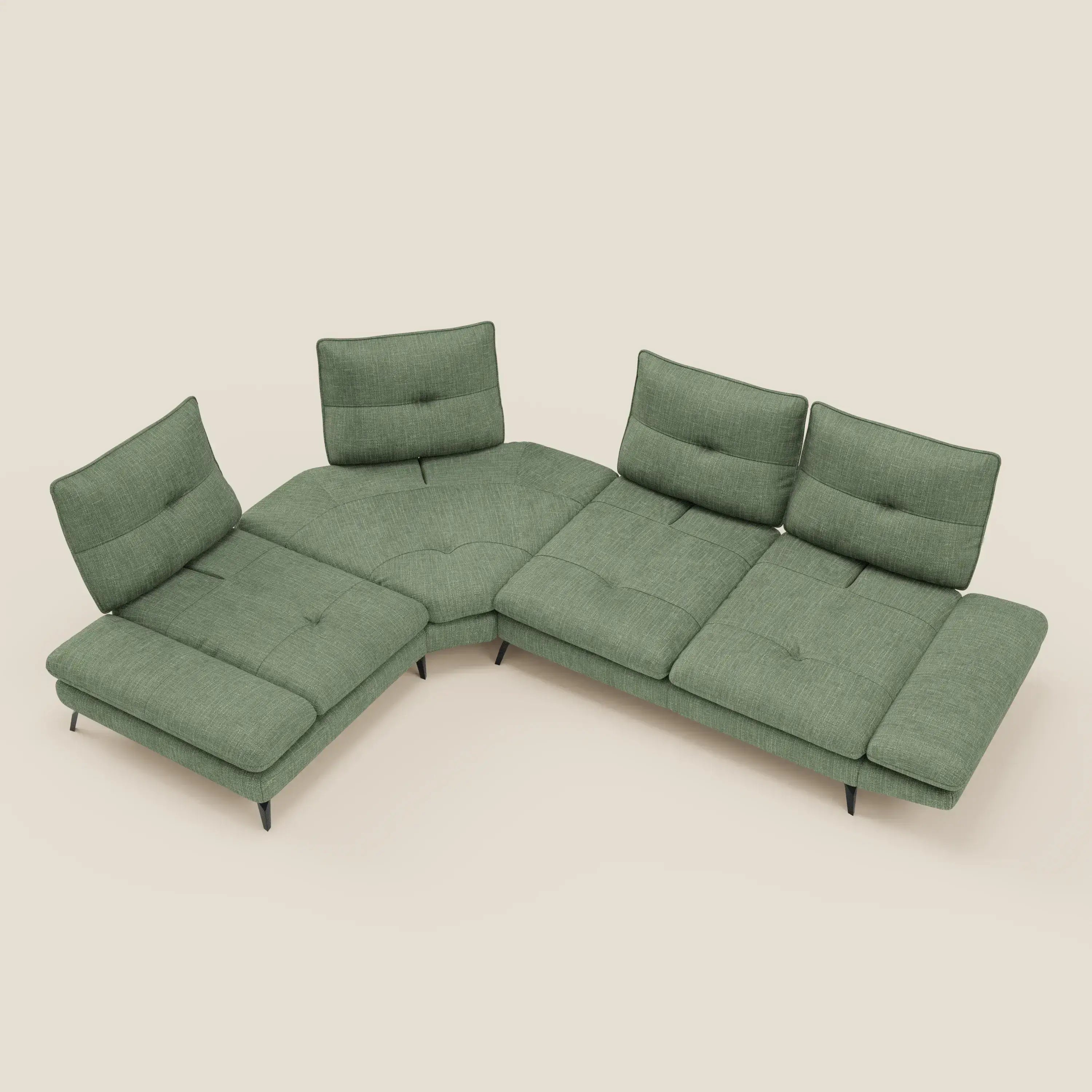 Ardex Divano Angolare - schienali traslanti e bracciolo regolabile in elegante tessuto impermeabile T06 verde