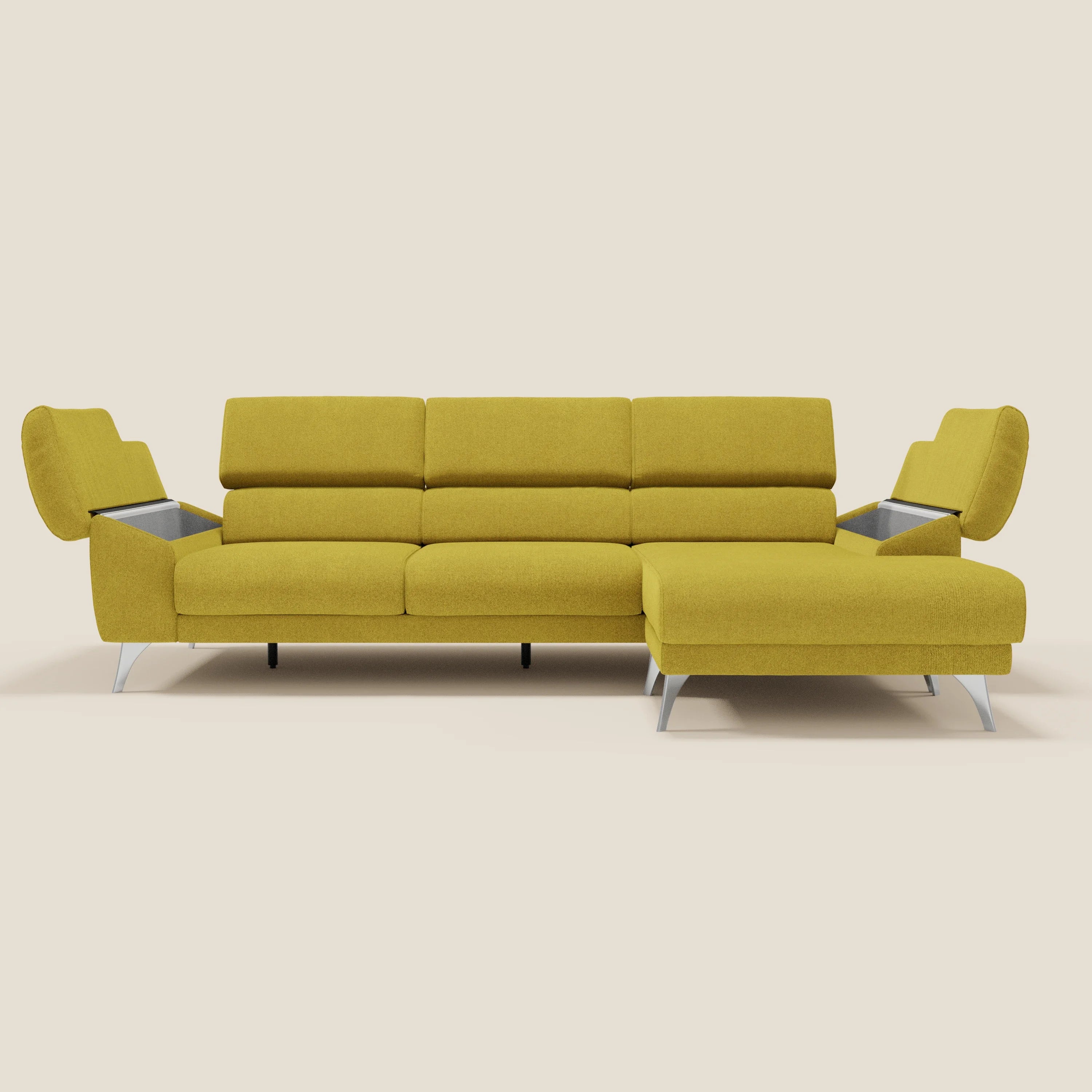 Donatello Ecksofa mit verschiebbaren Sitzen, Armlehnen mit Stauraum und Kopfstütze aus weichem, abwaschbarem Stoff T23 sonnengelb