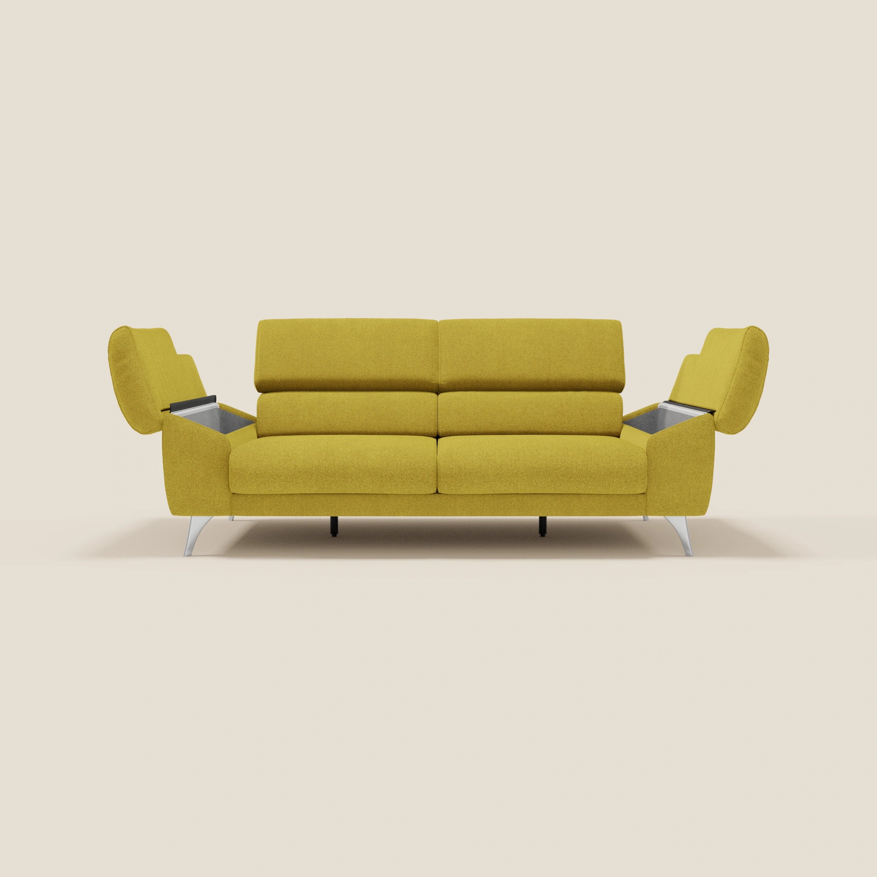 Donatello Sofa mit ausziehbaren Sitzen, Armlehnen mit Staufach und verstellbaren Kopfstützen aus abwaschbarem Stoff T23 Sonnengelb