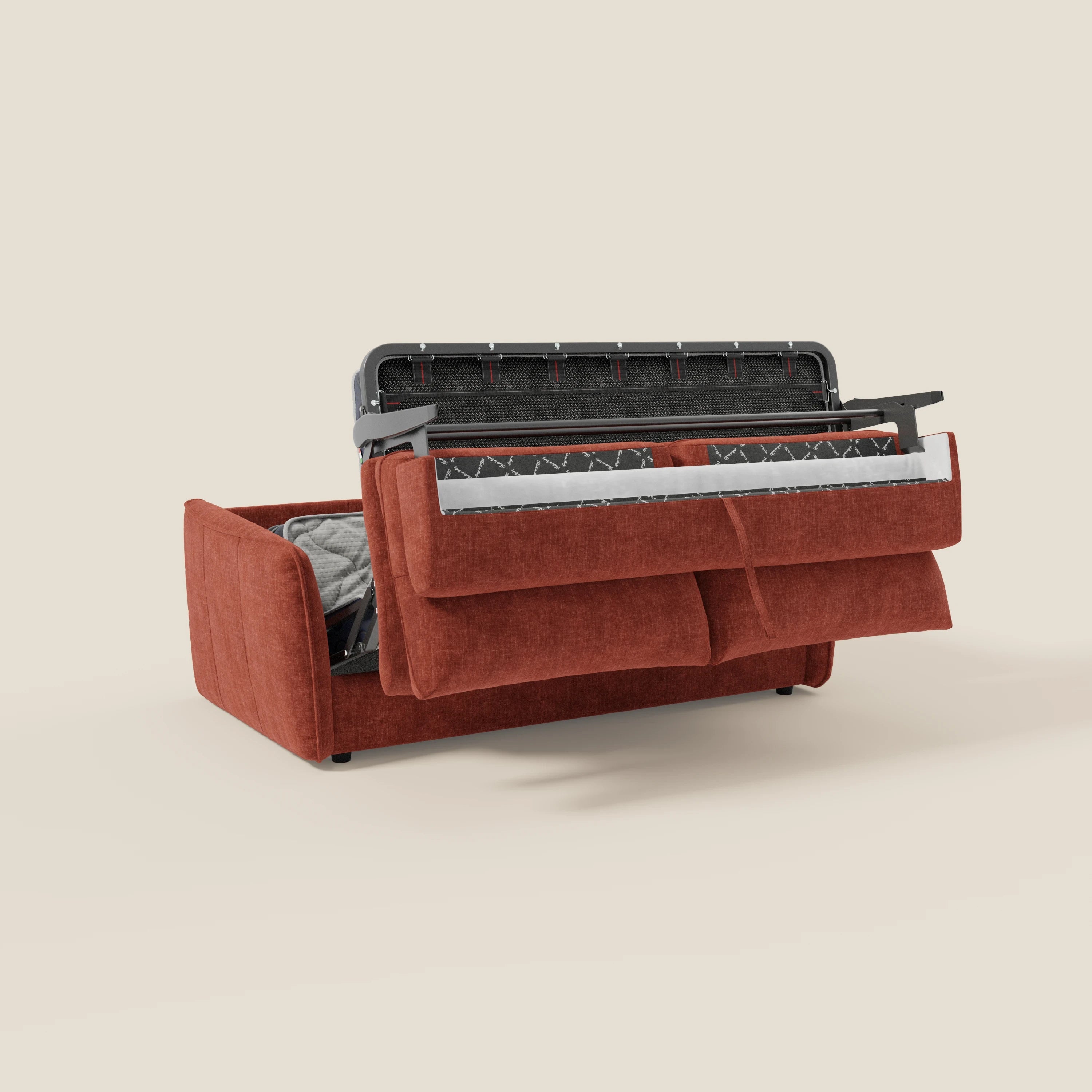 Elios Schlafsofa mit weichen Rückenkissen aus abwaschbarem Stoff T24 rostrot