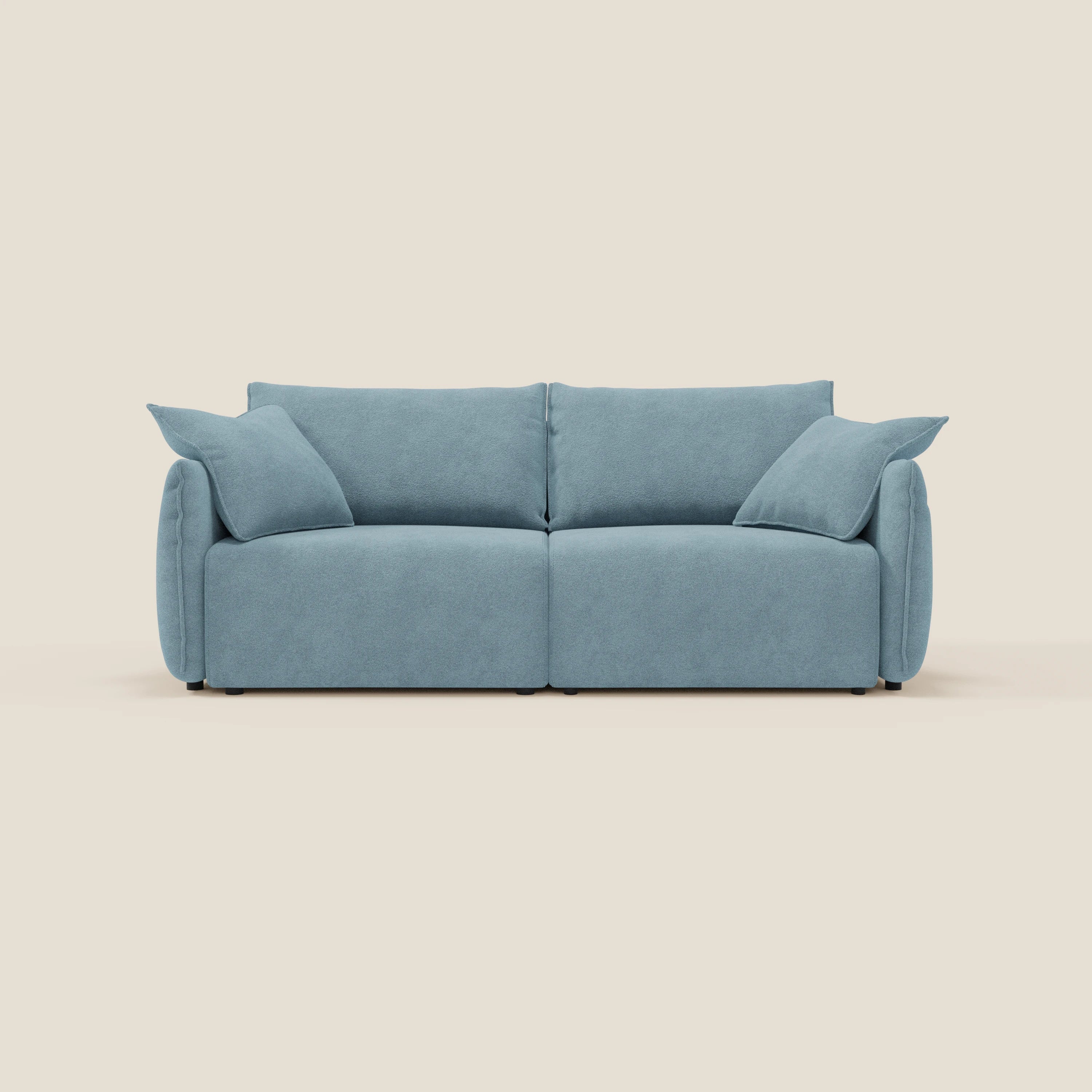 Flexar di Divani.Store è un divano moderno in morbido bouclé T07 carta da zucchero, resistente all'acqua, con sedute allungabili, schienale in piuma e un comfort soffice, perfetto per durare nel tempo.