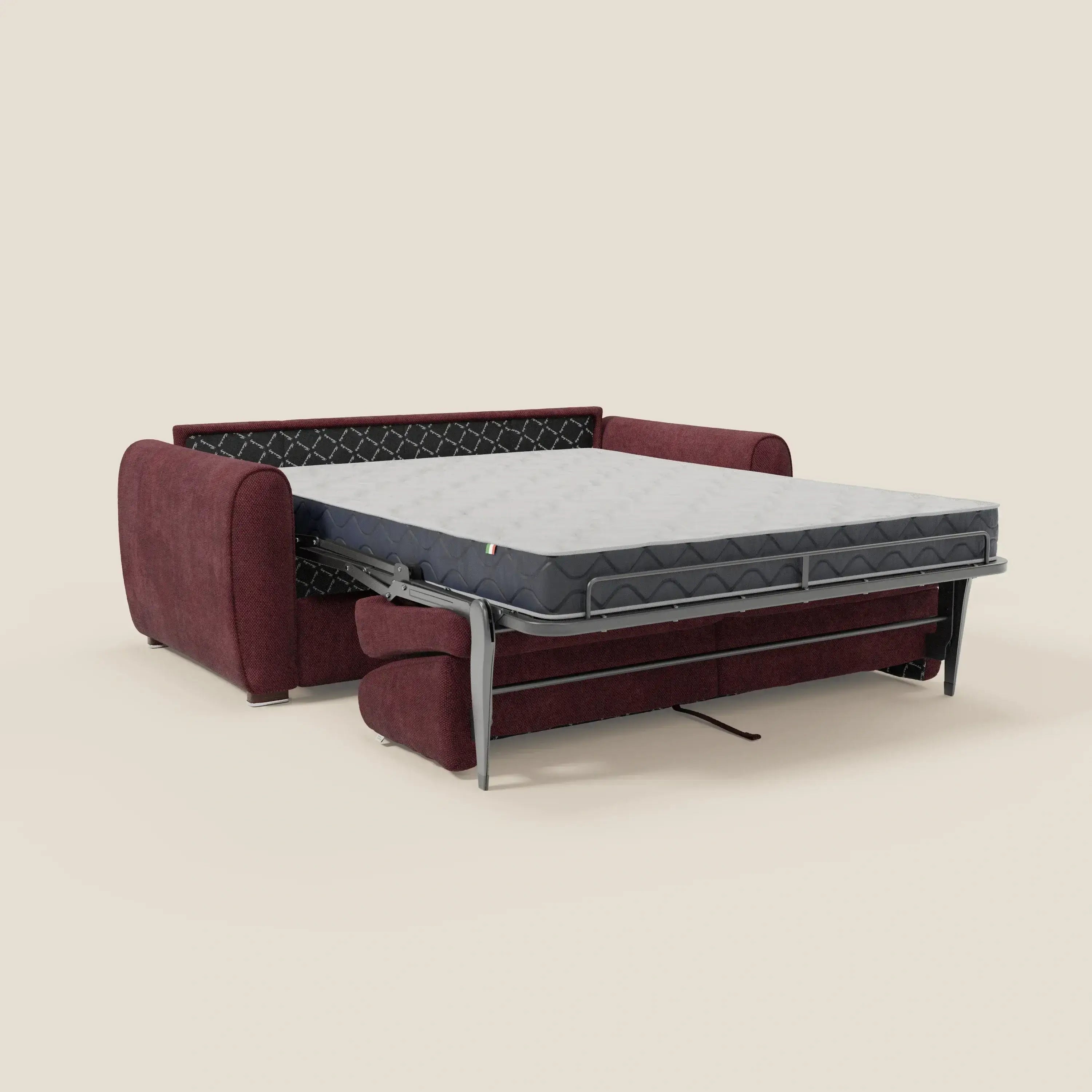 Kaleo Divano letto moderno con materasso H17 cm - in raffinato tessuto impermeabile T26 bordeaux prugna