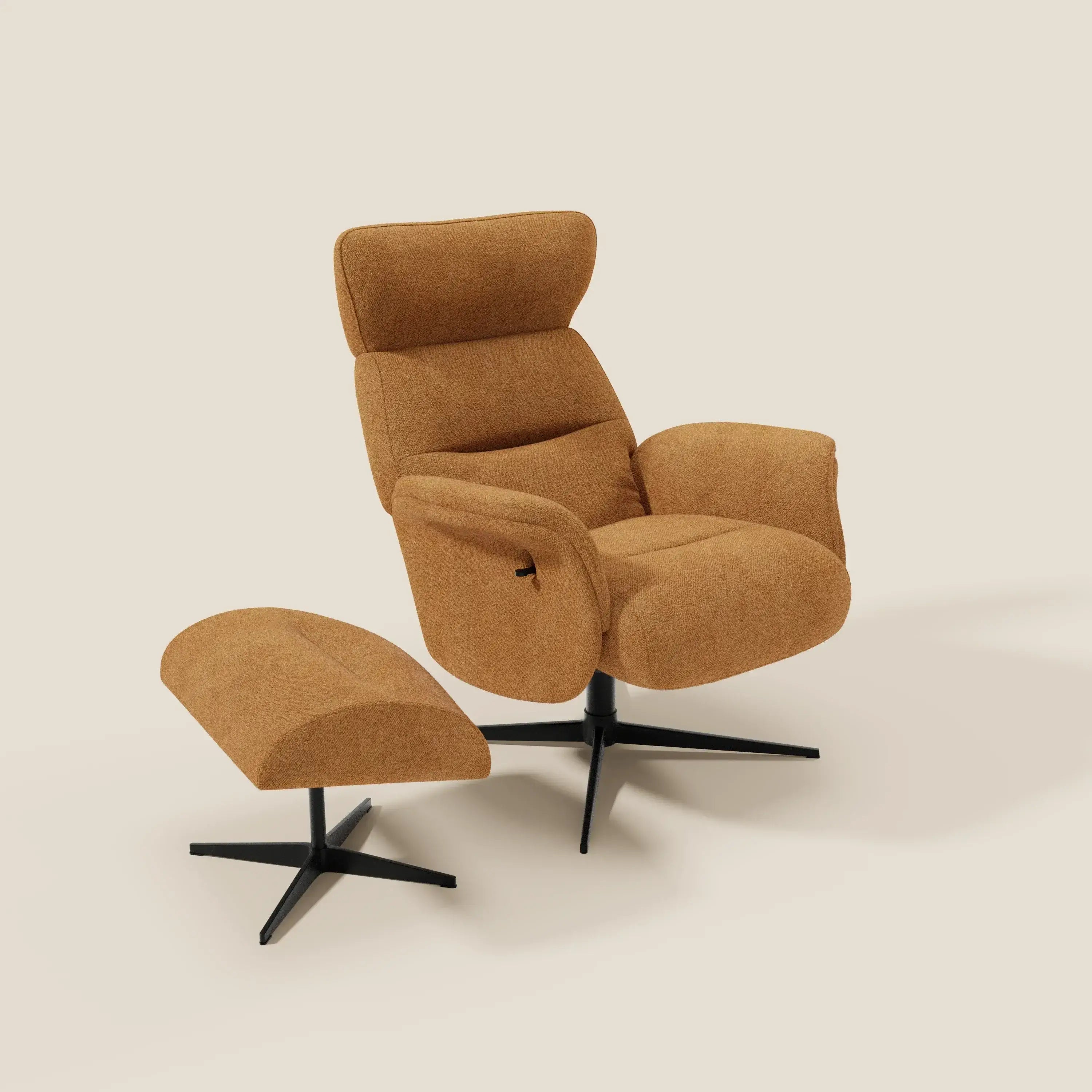 Lunor Poltrona relax reclinabile con pouf poggia-piedi in tessuto bouclé impermeabile T07 arancione