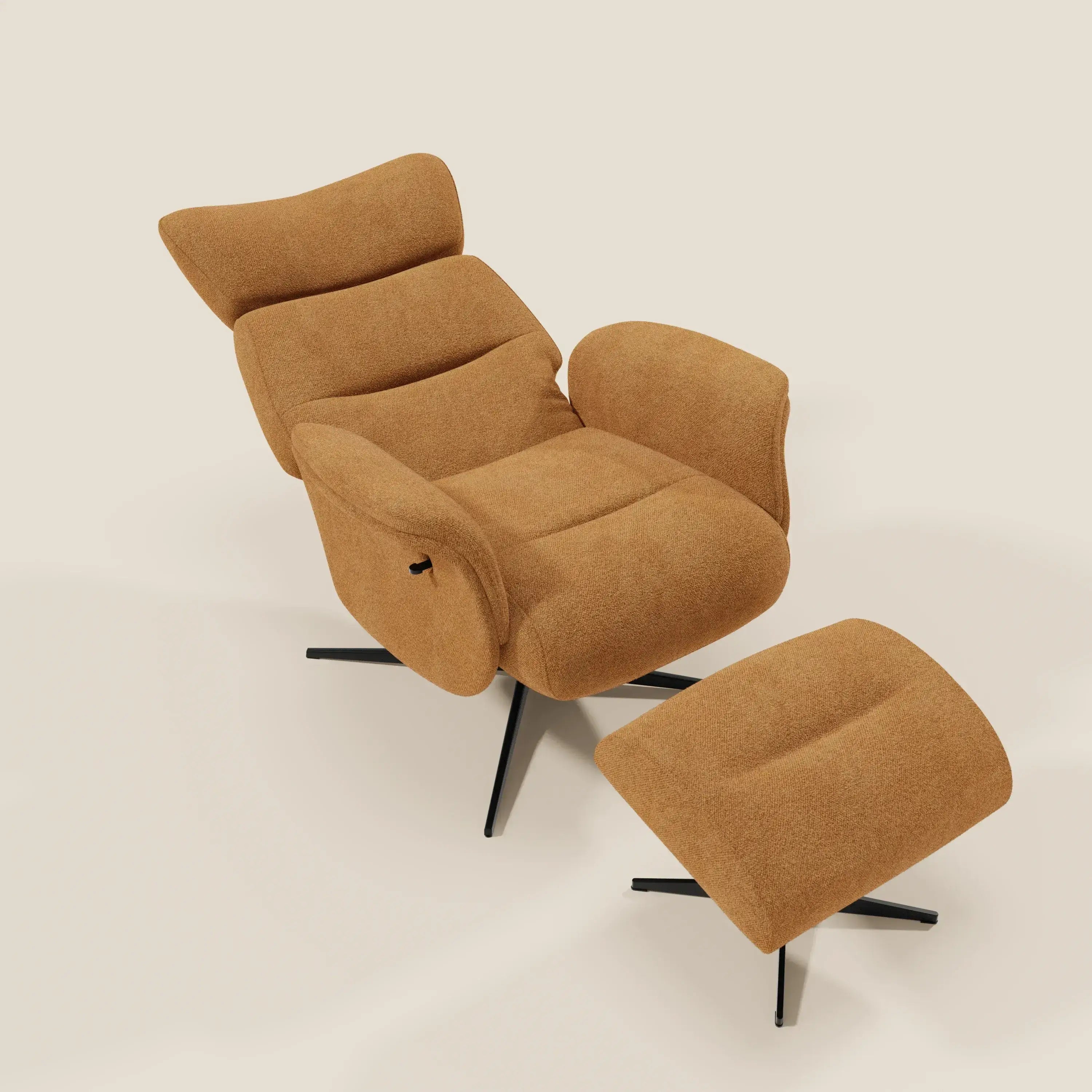 Lunor Poltrona relax reclinabile con pouf poggia-piedi in tessuto bouclé impermeabile T07 arancione