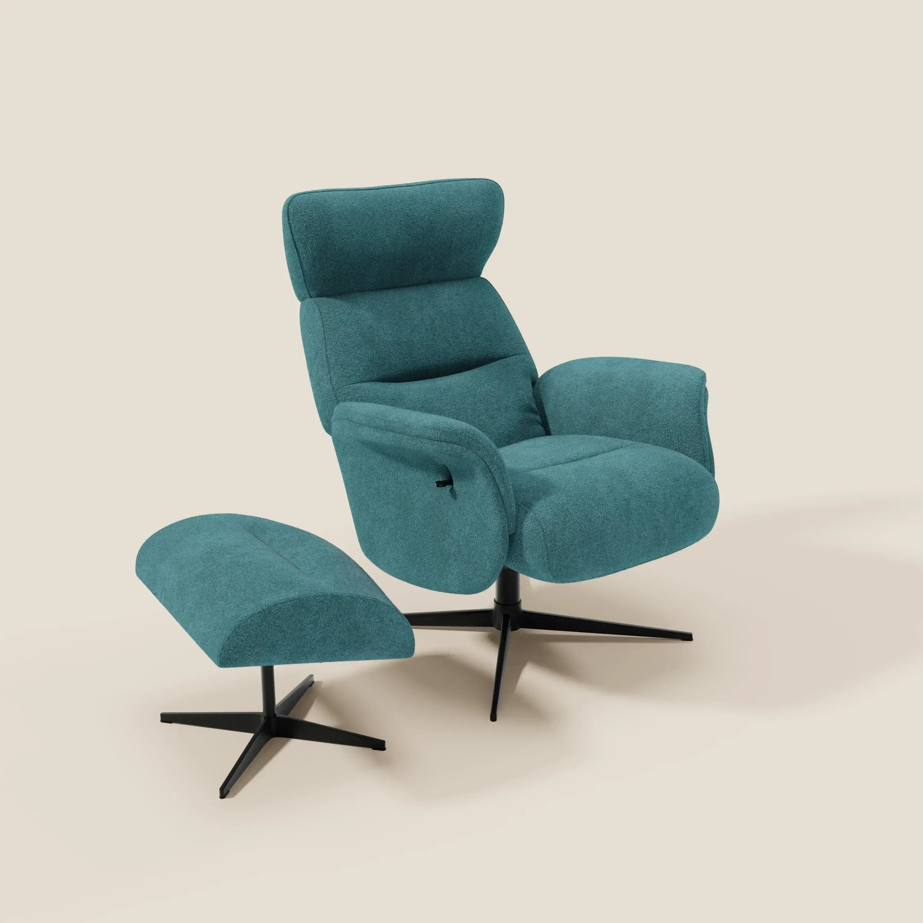 Lunor Poltrona relax reclinabile con pouf poggia-piedi in tessuto bouclé impermeabile T07 azzurro