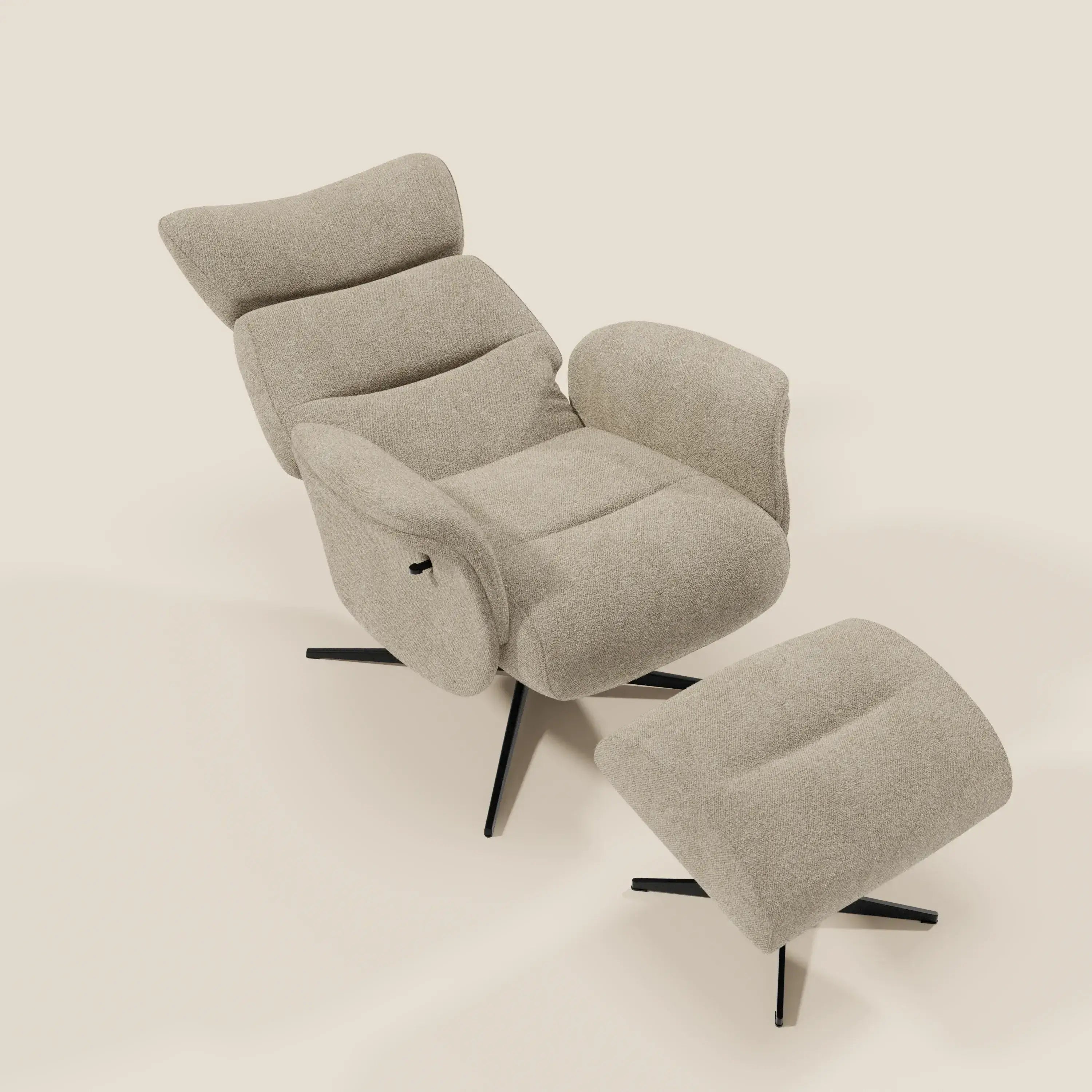 Lunor Poltrona relax reclinabile con pouf poggia-piedi in tessuto bouclé impermeabile T07 beige