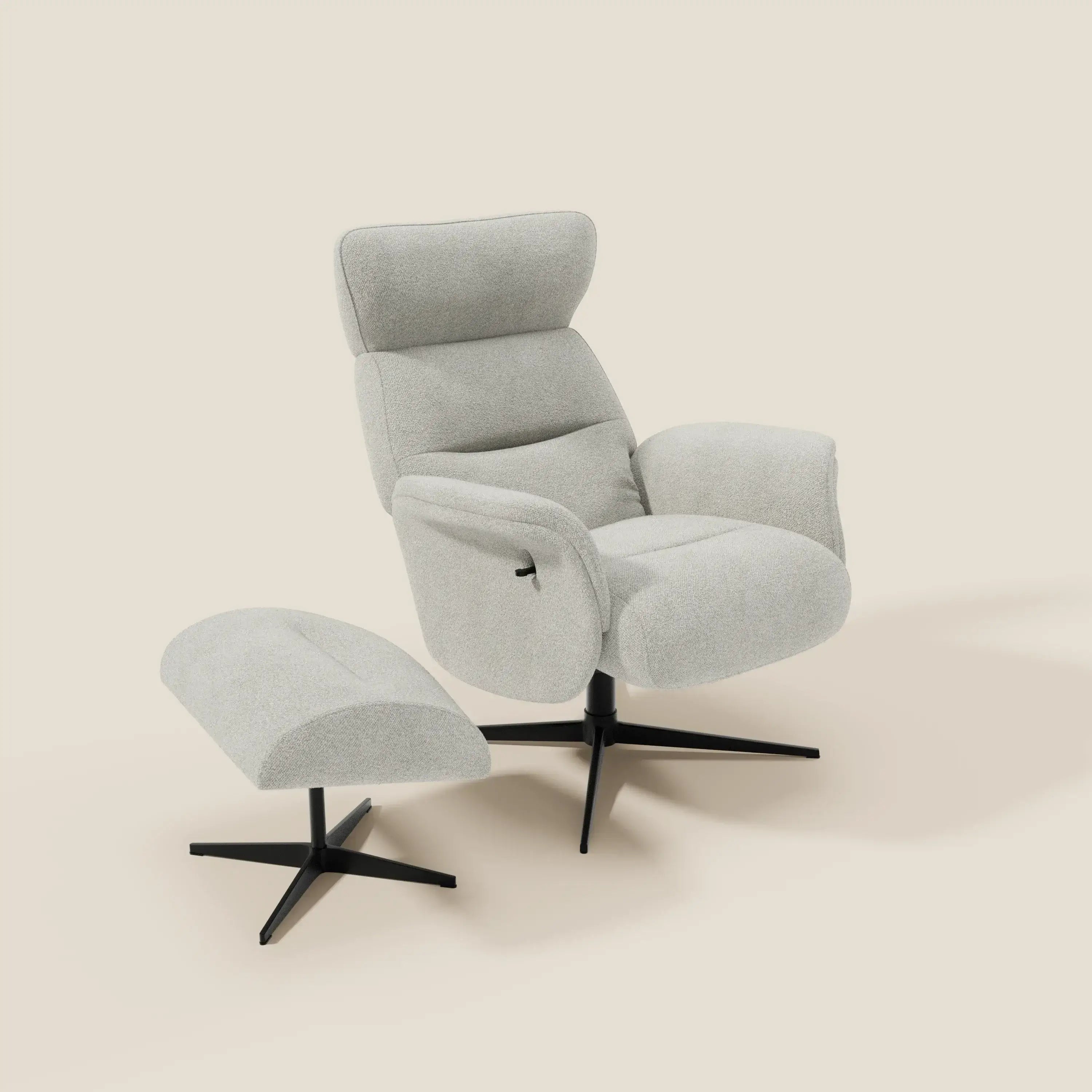 Lunor Poltrona relax reclinabile con pouf poggia-piedi in tessuto bouclé impermeabile T07 bianco