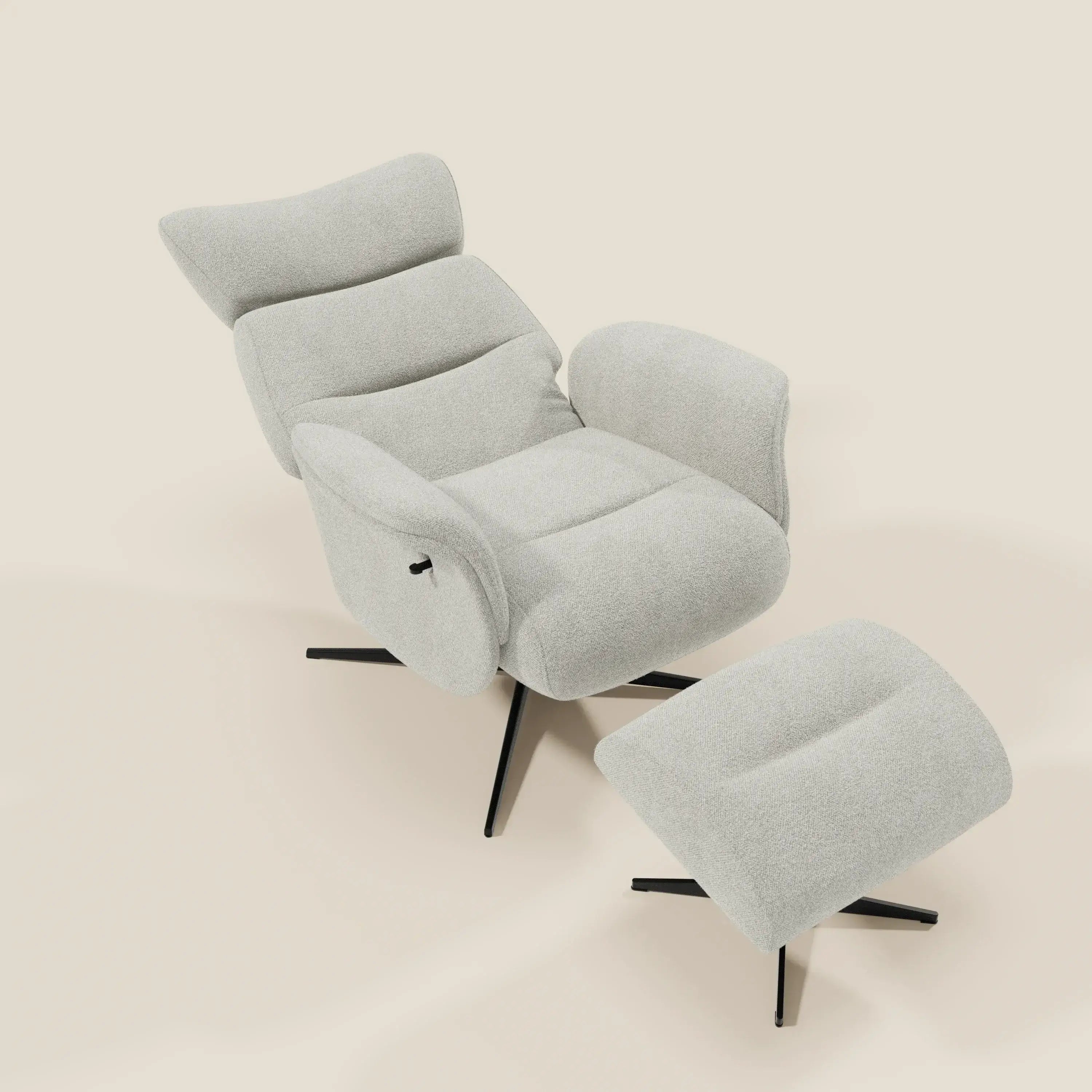 Lunor Poltrona relax reclinabile con pouf poggia-piedi in tessuto bouclé impermeabile T07 bianco